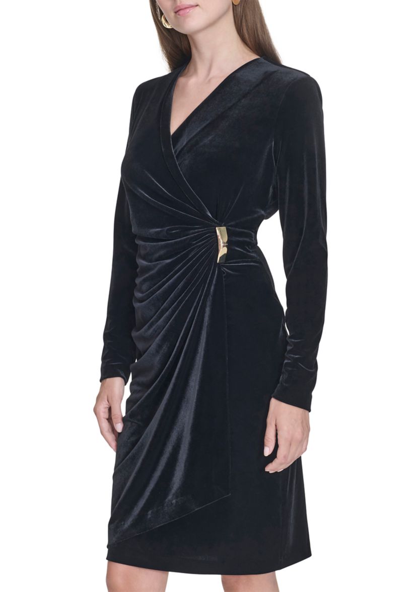 Womens Long Sleeve V-Neck Side Ruch Solid Velvet Sheath Dress