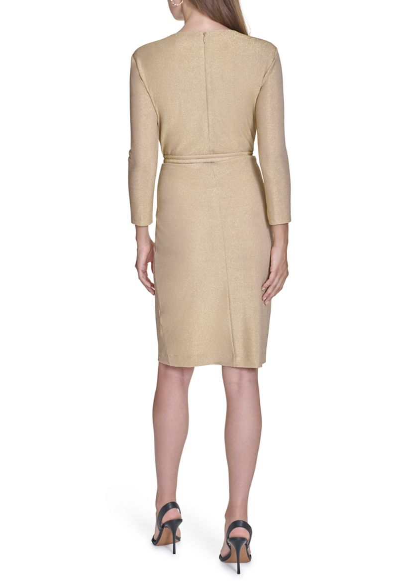 Womens 3/4 Sleeve Crew Neck Belted Solid Knit Midi Sheath Dress