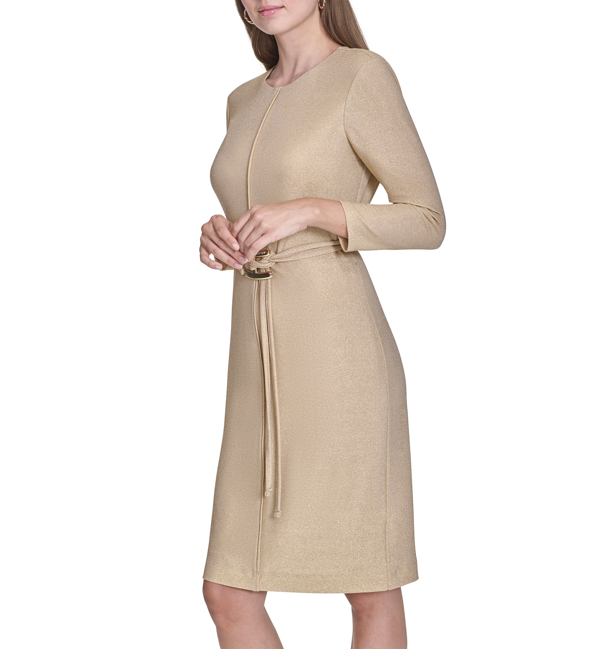 Womens 3/4 Sleeve Crew Neck Belted Solid Knit Midi Sheath Dress