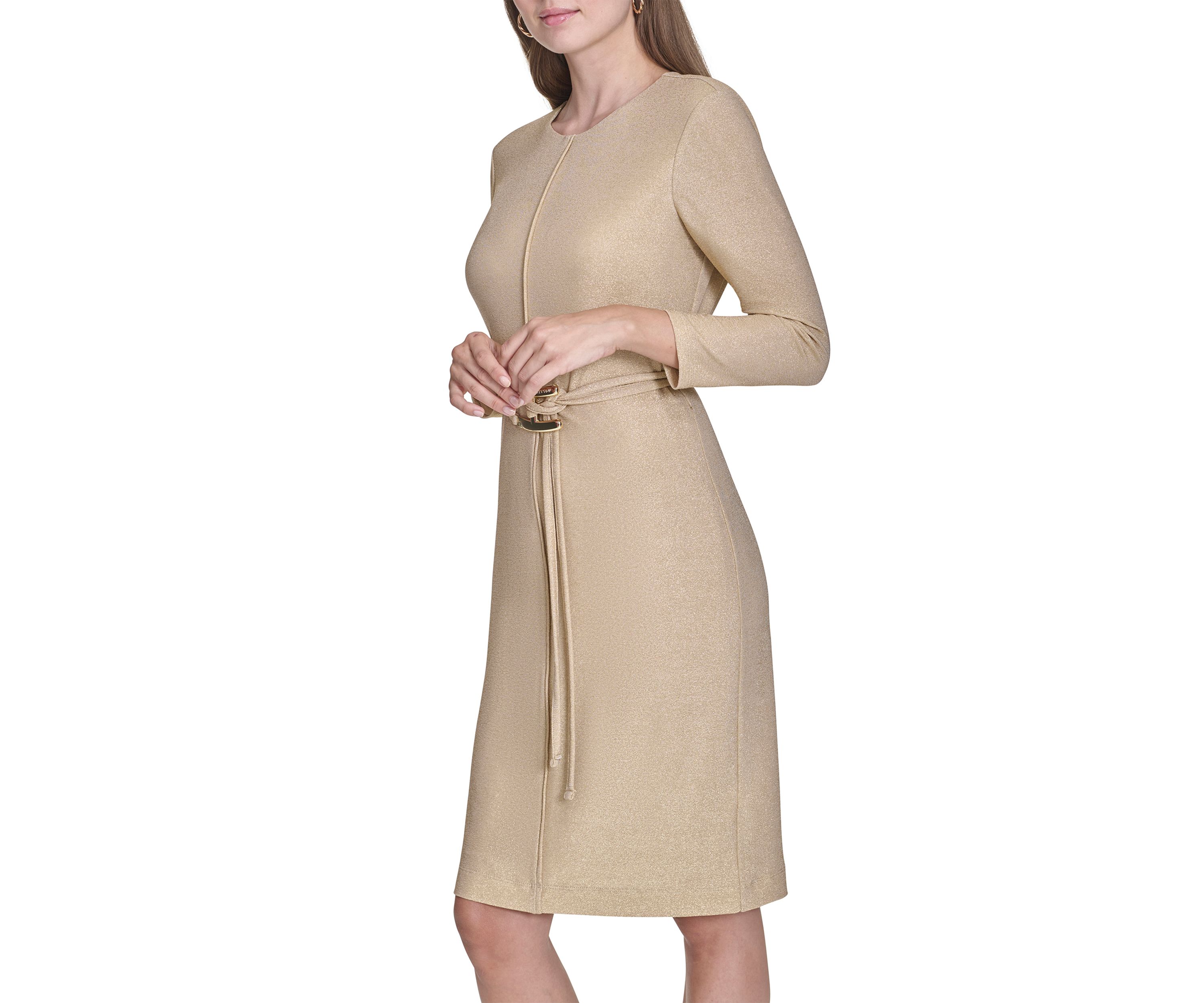 Womens 3/4 Sleeve Crew Neck Belted Solid Knit Midi Sheath Dress