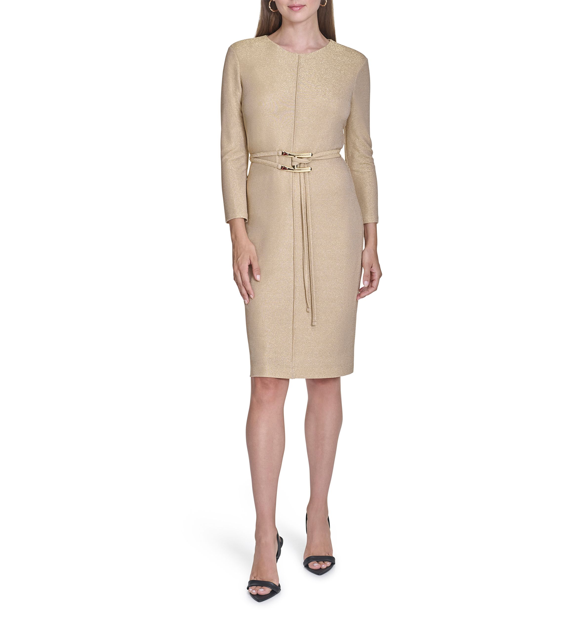 Womens 3/4 Sleeve Crew Neck Belted Solid Knit Midi Sheath Dress