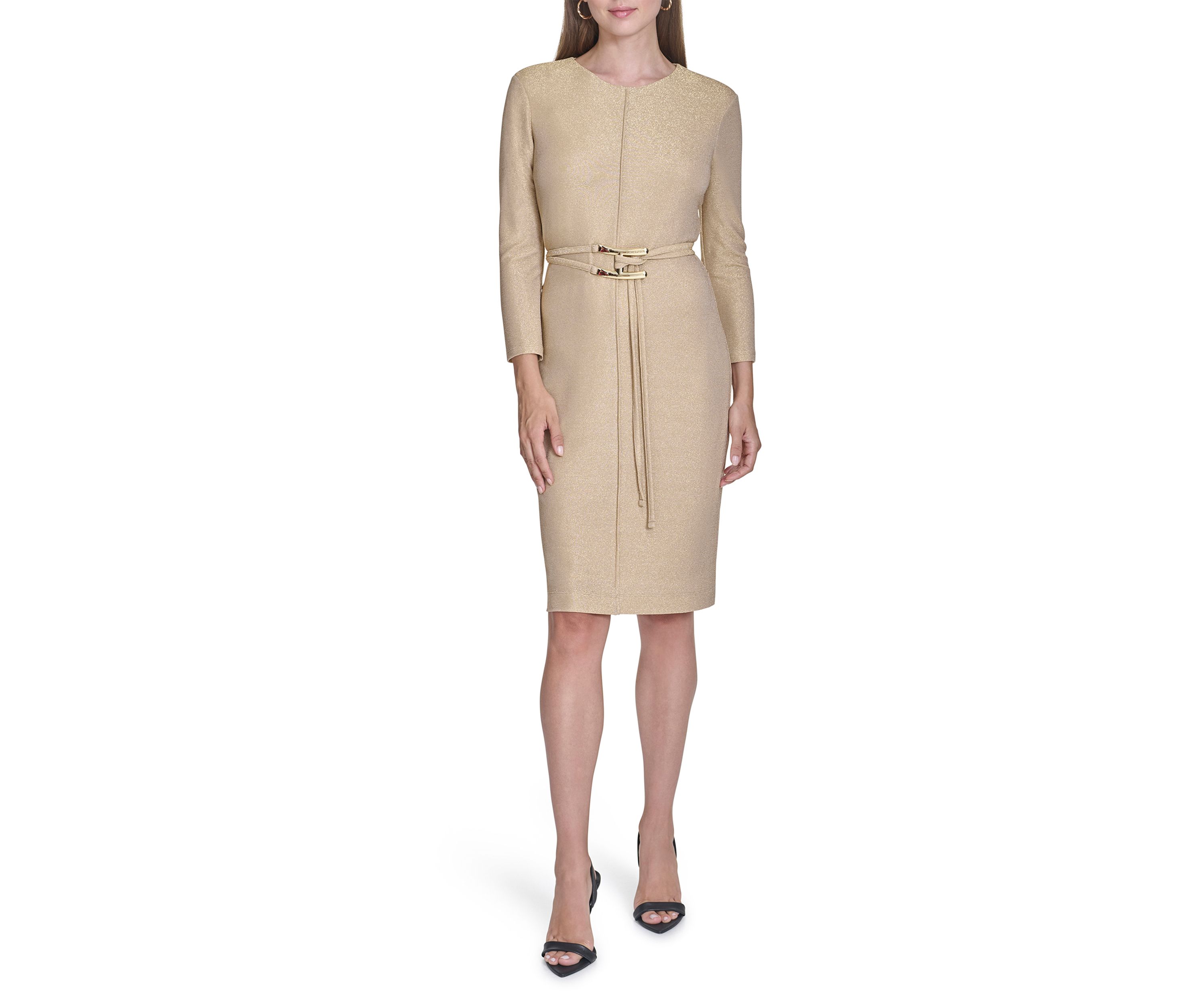 Womens 3/4 Sleeve Crew Neck Belted Solid Knit Midi Sheath Dress