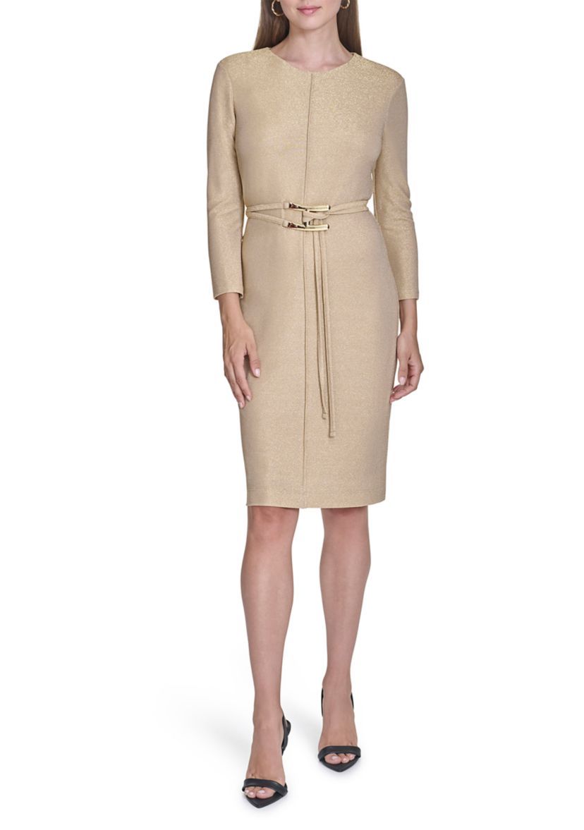 Womens 3/4 Sleeve Crew Neck Belted Solid Knit Midi Sheath Dress