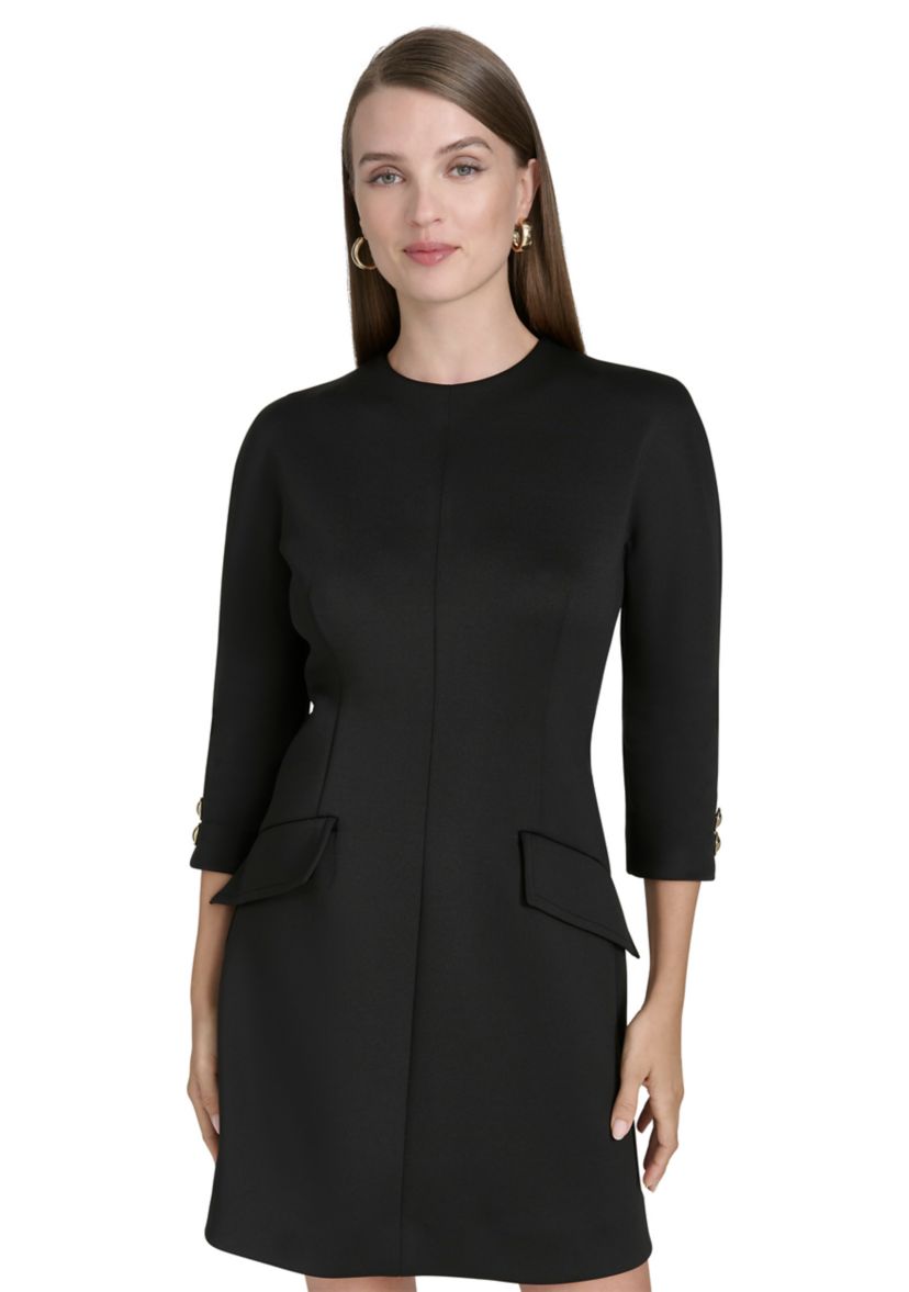 Womens 3/4 Sleeve Crew Neck Solid Sheath Dress