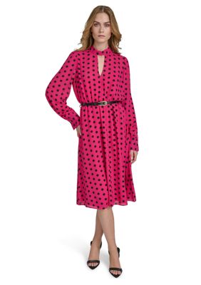 Halston Women's Long Puff Sleeve Keyhole Belted Dot Print Midi Fit and Flare Dress, 2