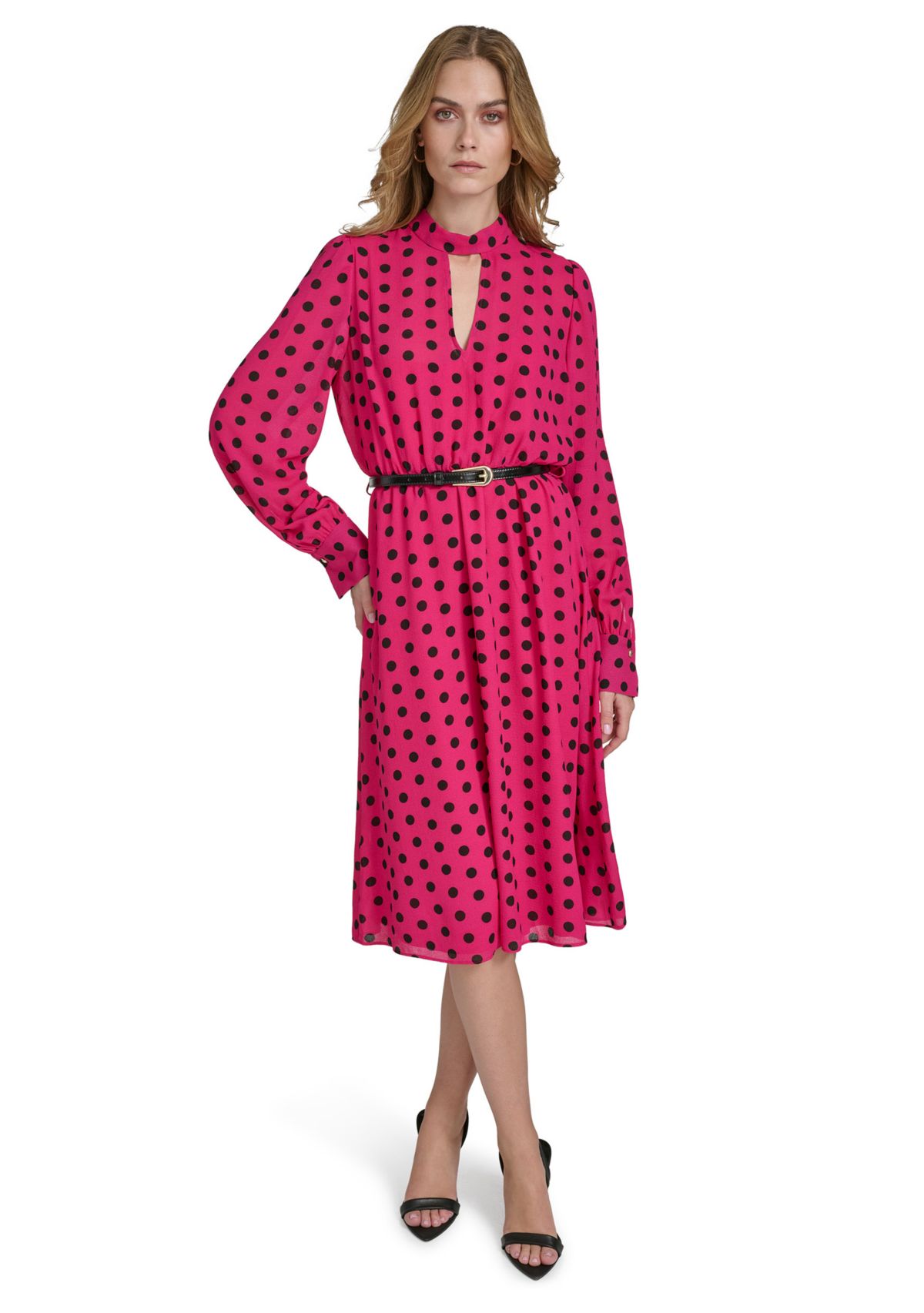 Womens Long Puff Sleeve Keyhole Belted Dot Print Midi Fit and Flare Dress