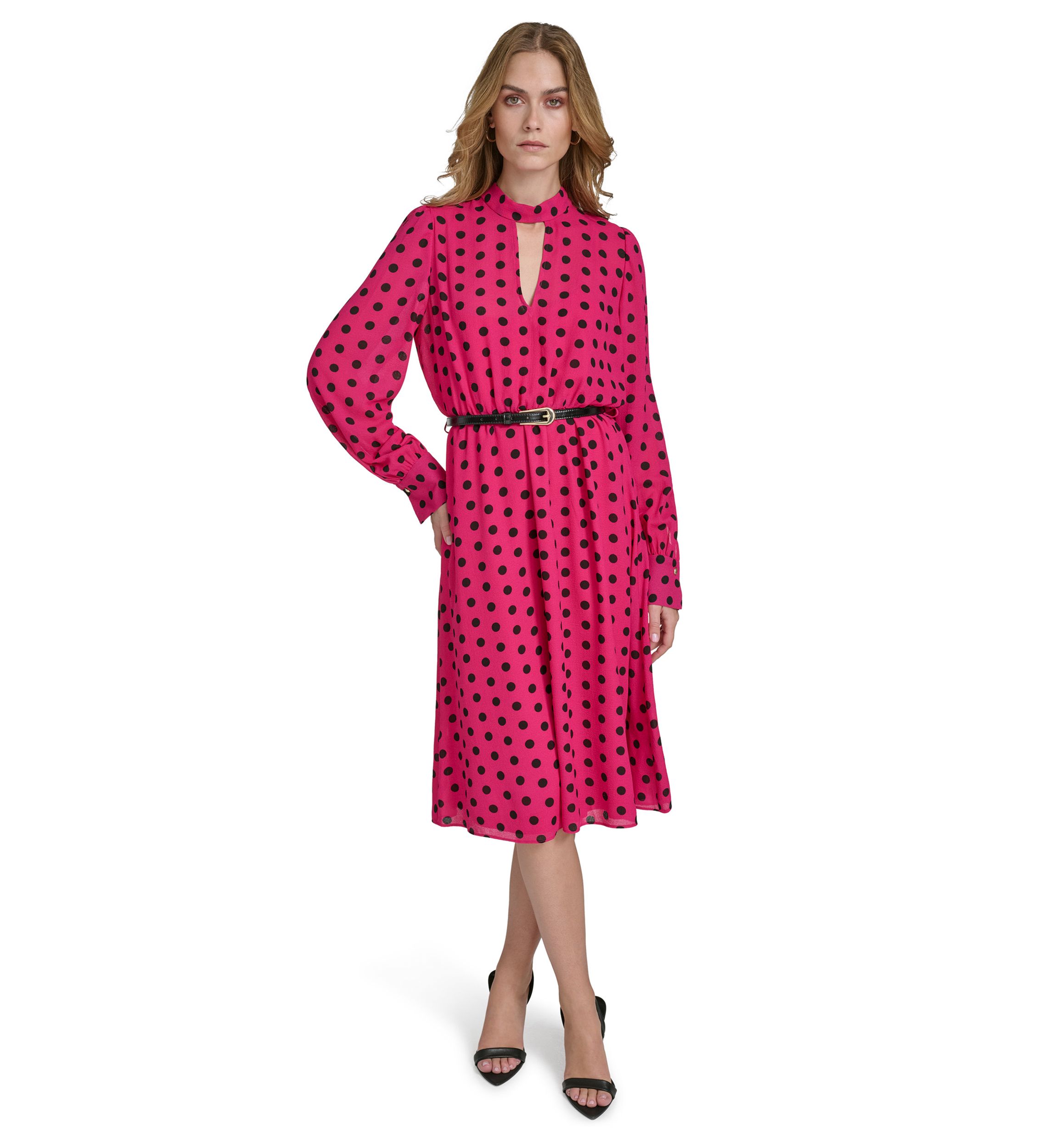 Womens Long Puff Sleeve Keyhole Belted Dot Print Midi Fit and Flare Dress