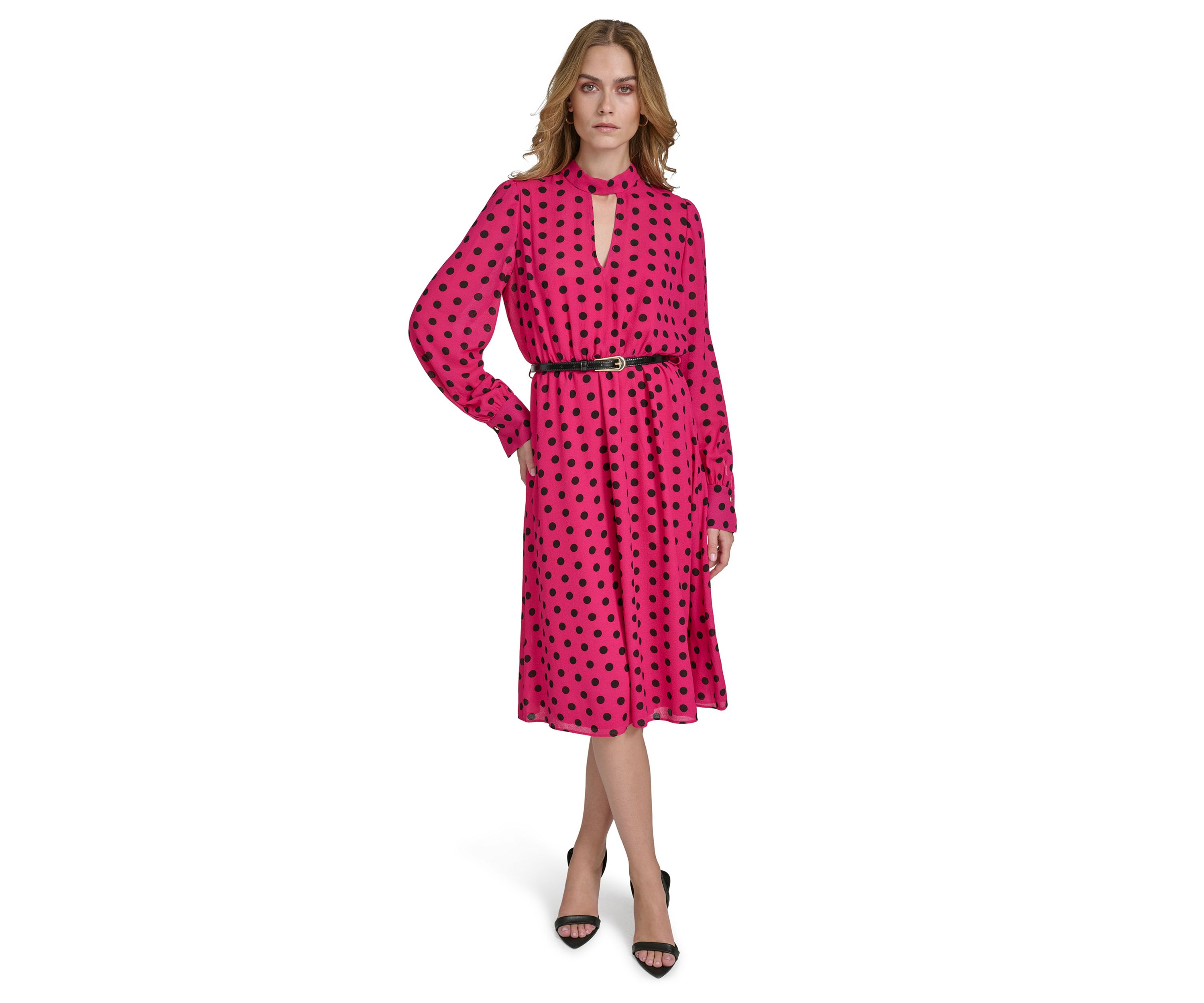 Womens Long Puff Sleeve Keyhole Belted Dot Print Midi Fit and Flare Dress