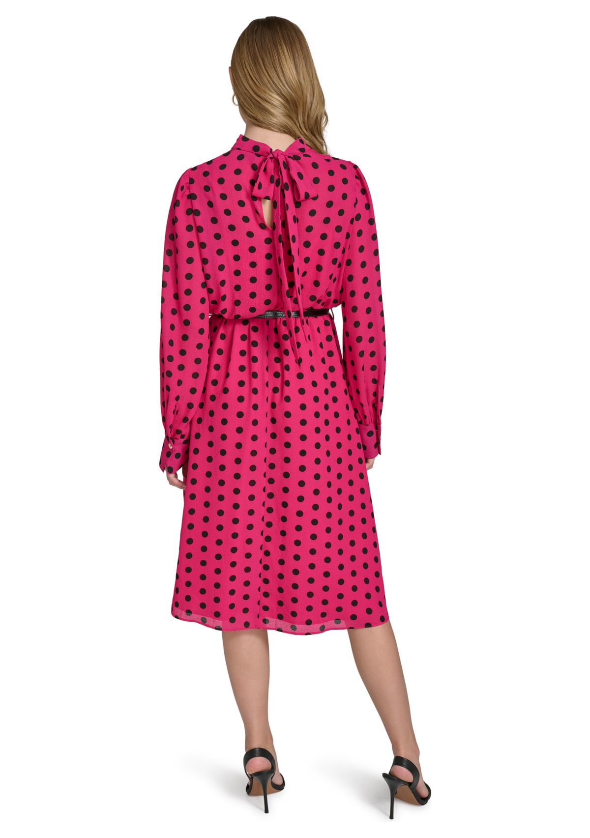 Womens Long Puff Sleeve Keyhole Belted Dot Print Midi Fit and Flare Dress