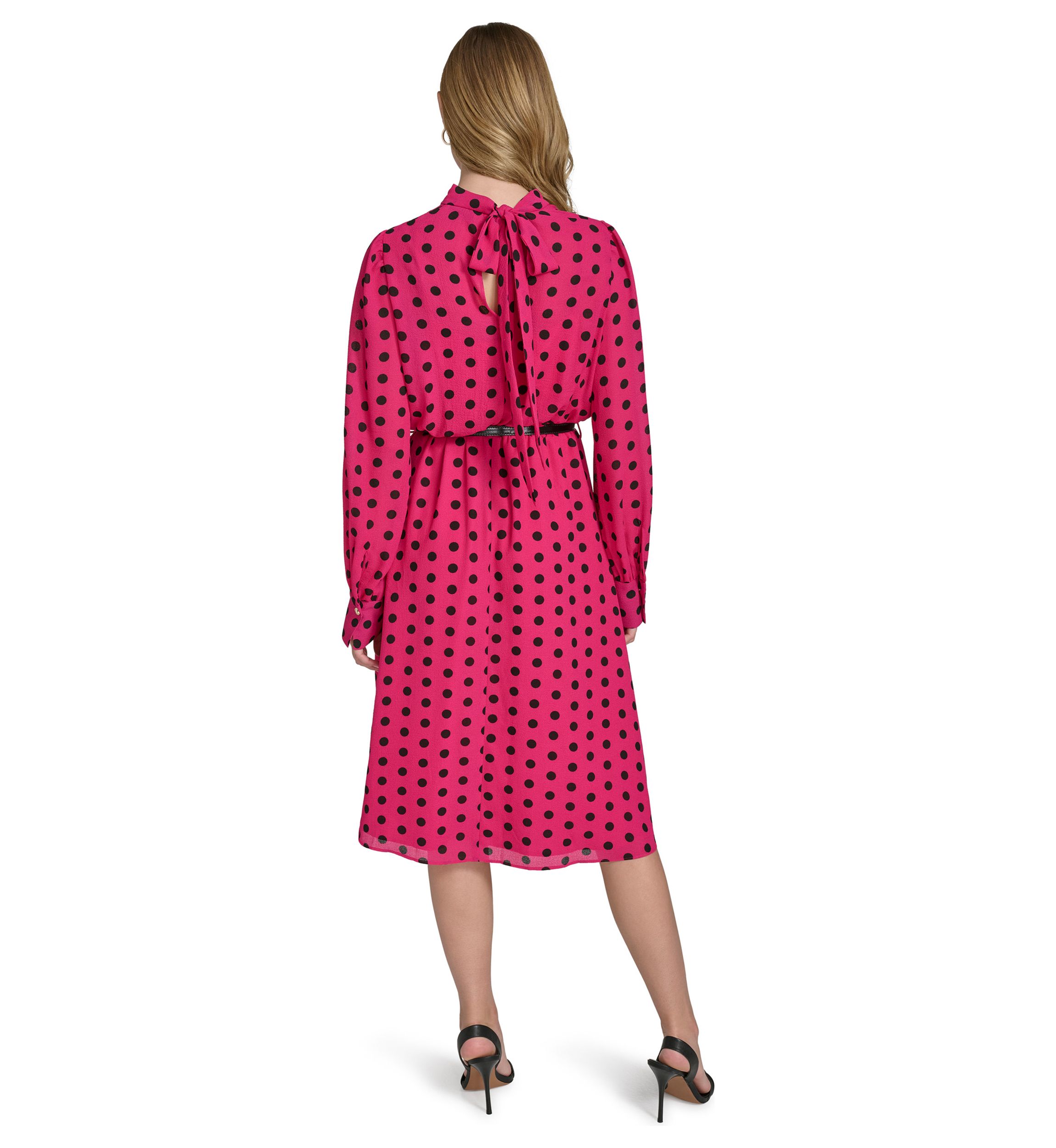 Womens Long Puff Sleeve Keyhole Belted Dot Print Midi Fit and Flare Dress