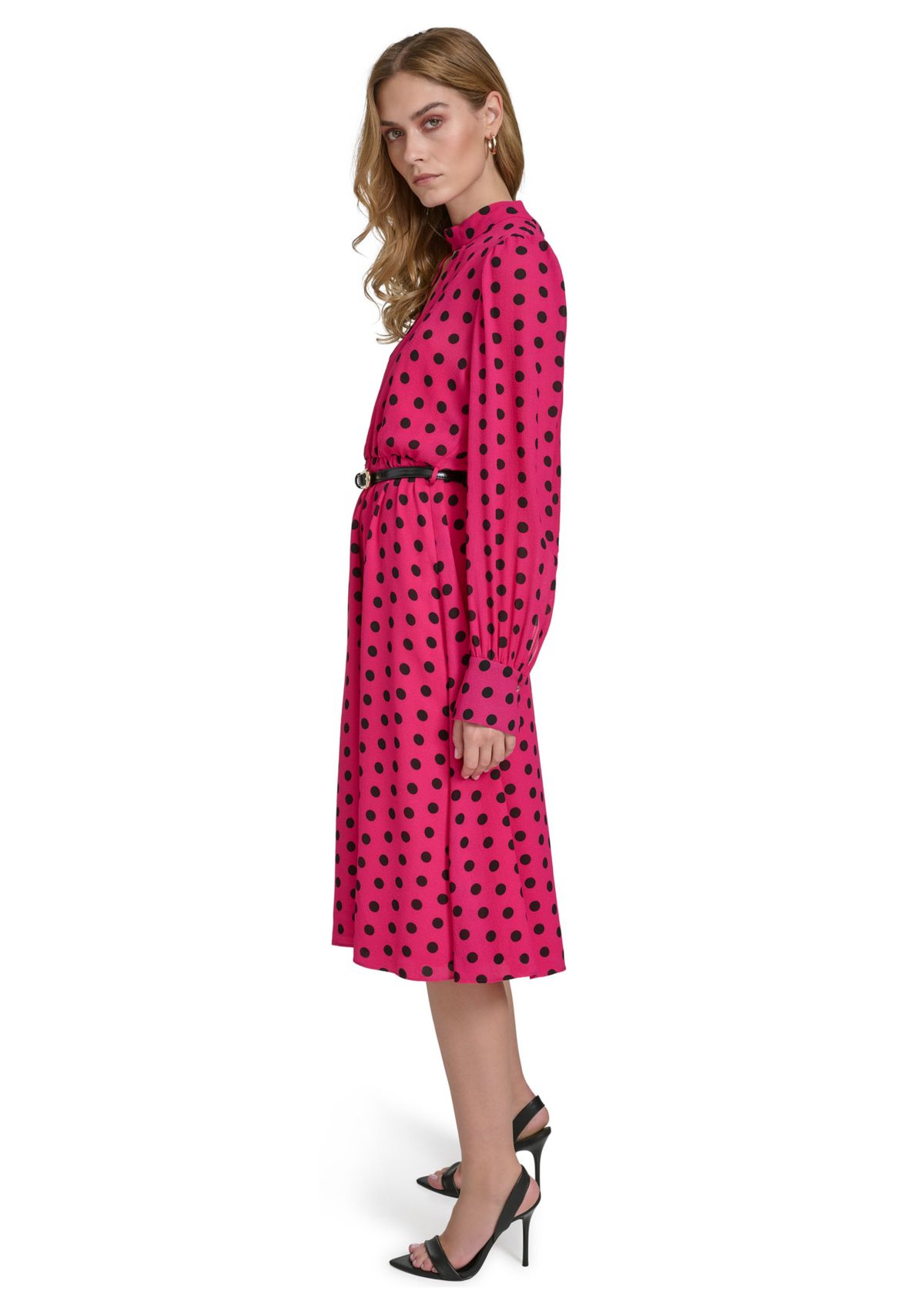 Womens Long Puff Sleeve Keyhole Belted Dot Print Midi Fit and Flare Dress