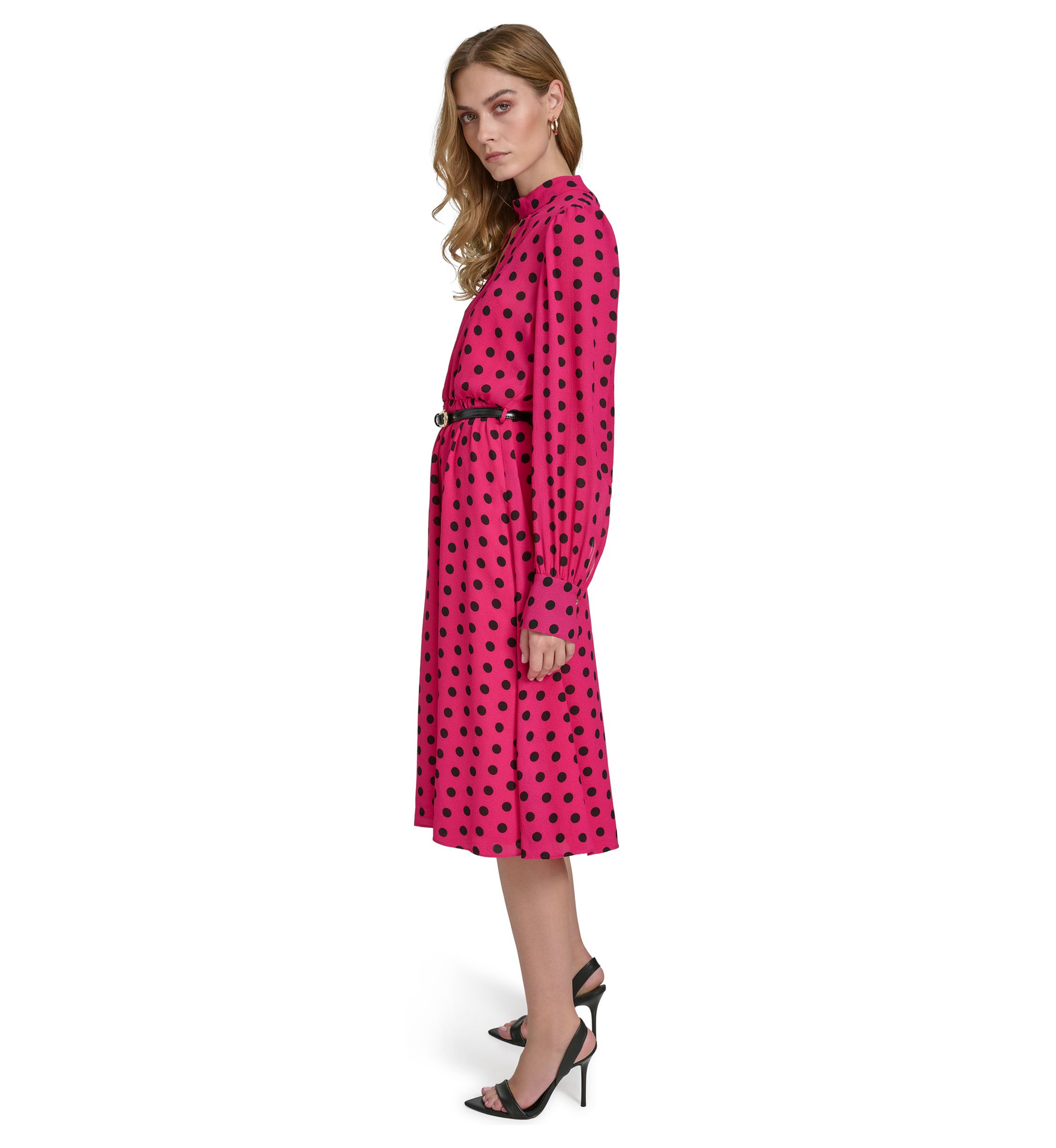 Womens Long Puff Sleeve Keyhole Belted Dot Print Midi Fit and Flare Dress
