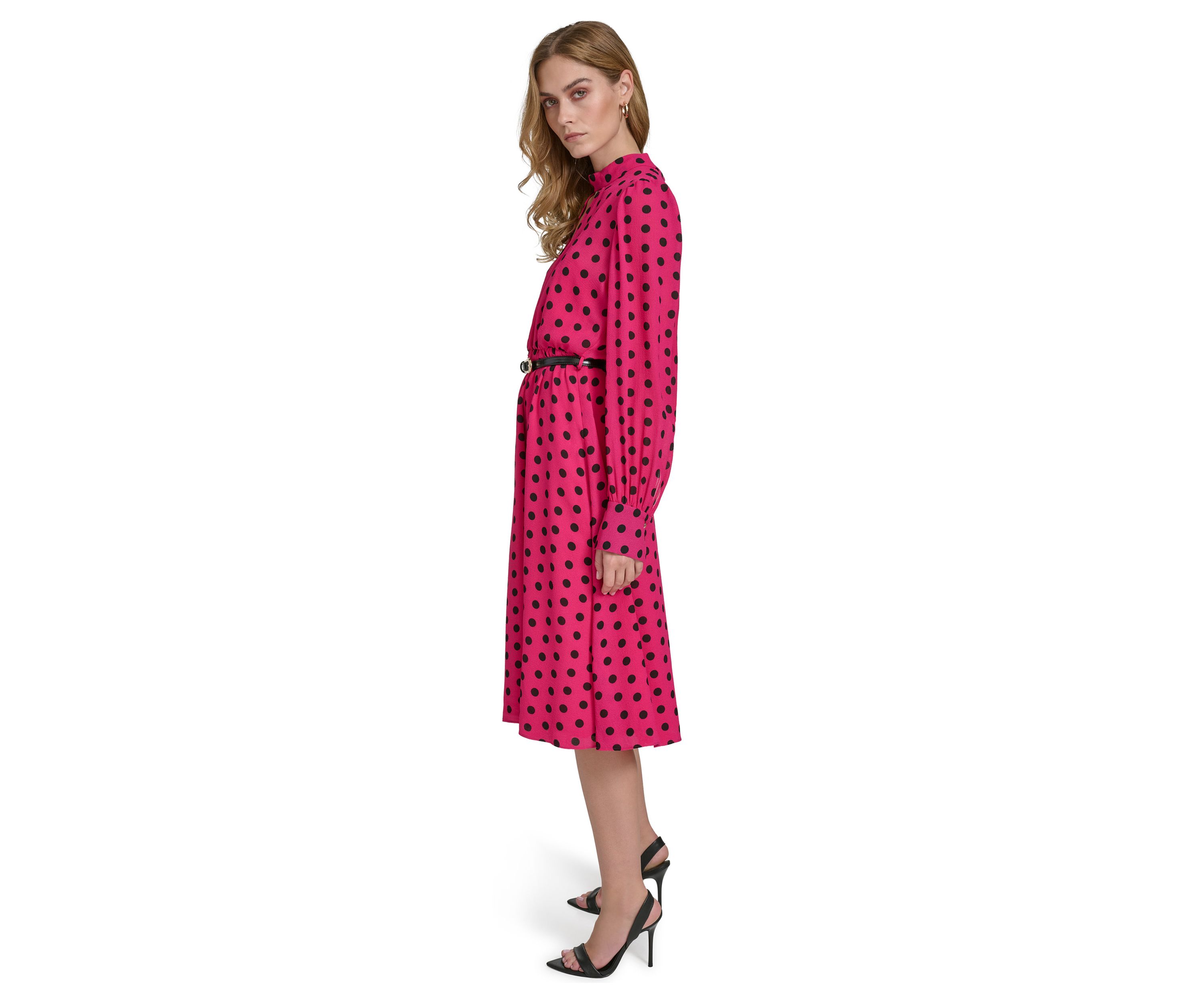 Womens Long Puff Sleeve Keyhole Belted Dot Print Midi Fit and Flare Dress