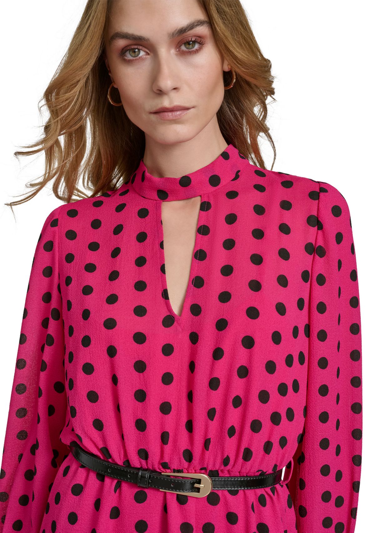 Womens Long Puff Sleeve Keyhole Belted Dot Print Midi Fit and Flare Dress