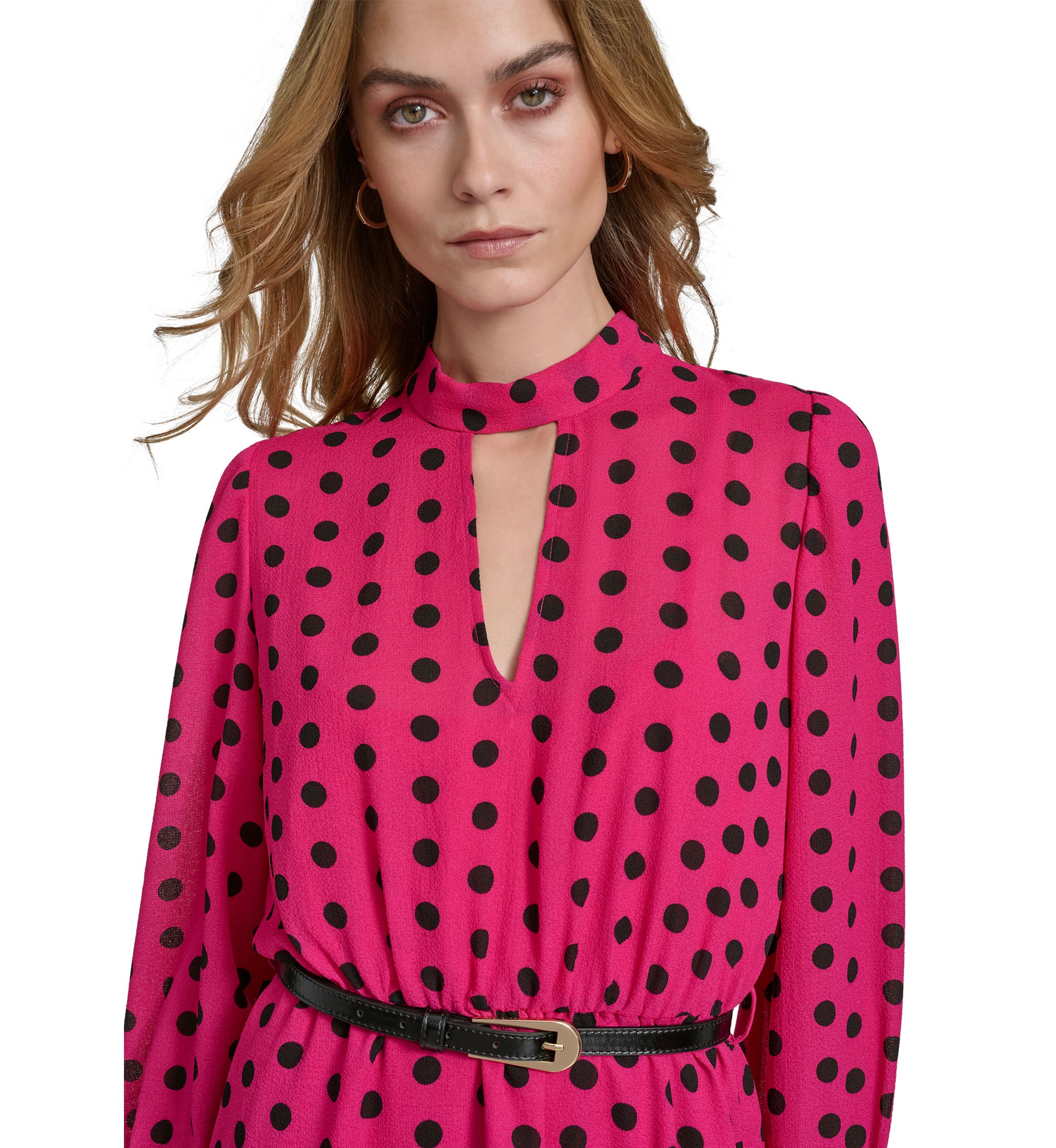 Womens Long Puff Sleeve Keyhole Belted Dot Print Midi Fit and Flare Dress