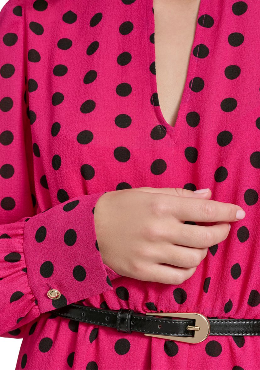 Womens Long Puff Sleeve Keyhole Belted Dot Print Midi Fit and Flare Dress