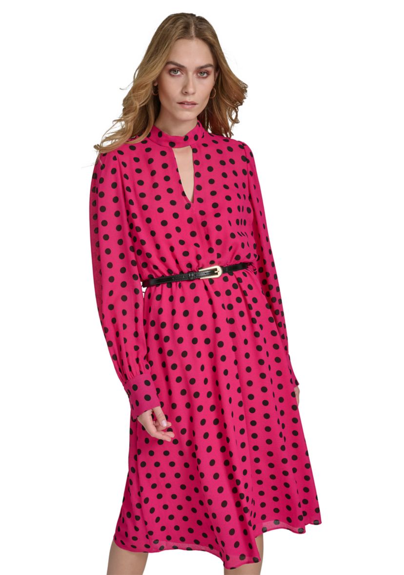 Womens Long Puff Sleeve Keyhole Belted Dot Print Midi Fit and Flare Dress