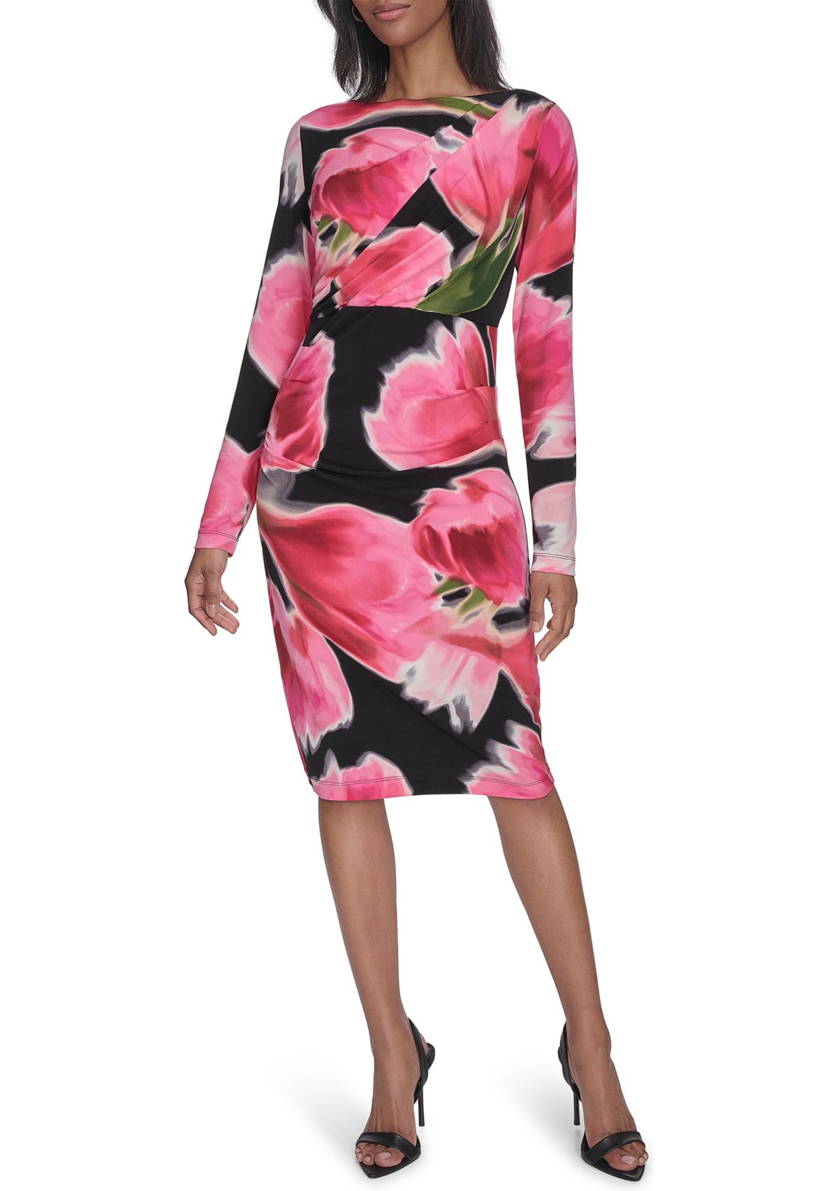 Womens Long Sleeve Crew Neck Floral Print Midi Sheath Dress