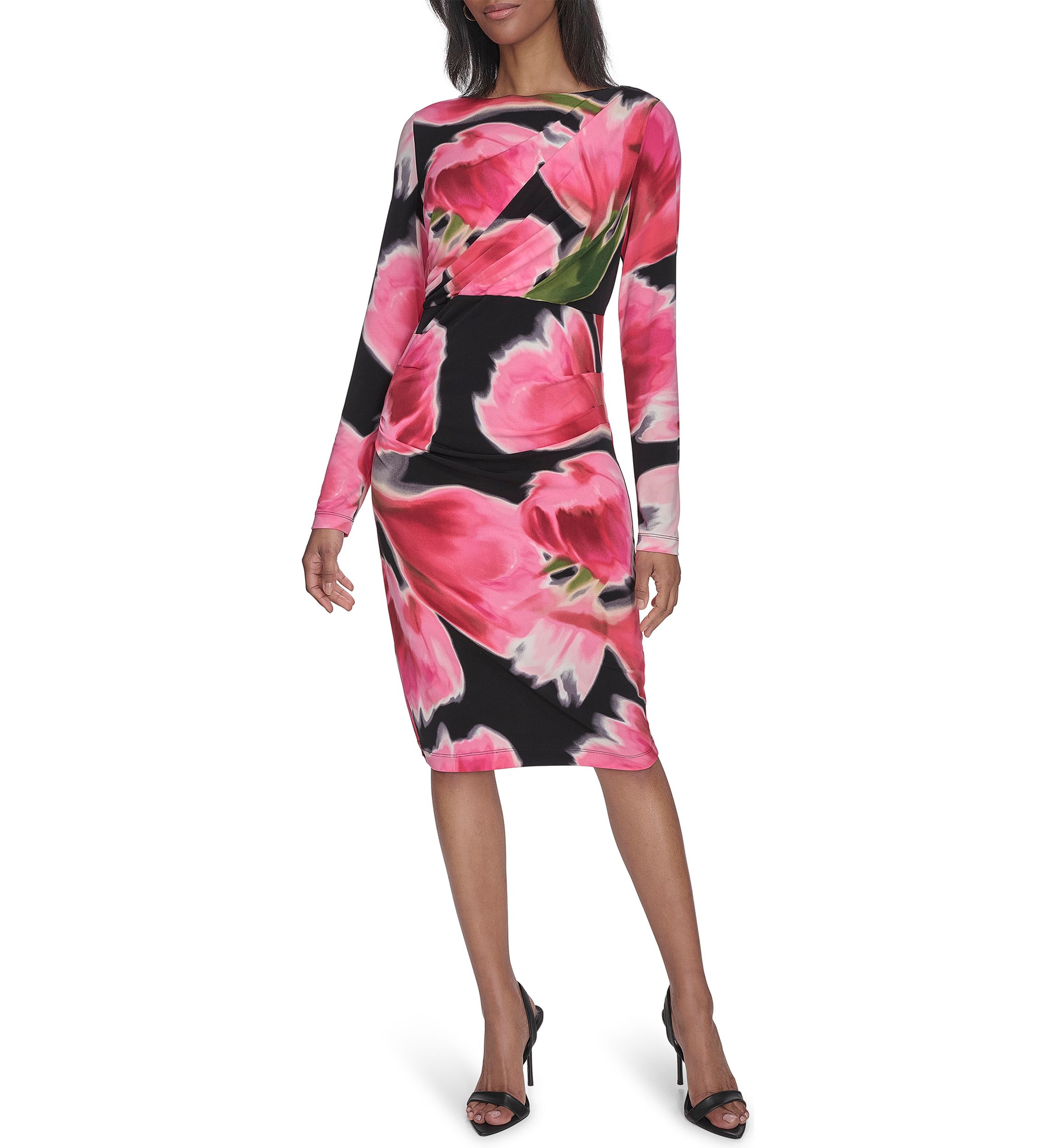 Womens Long Sleeve Crew Neck Floral Print Midi Sheath Dress