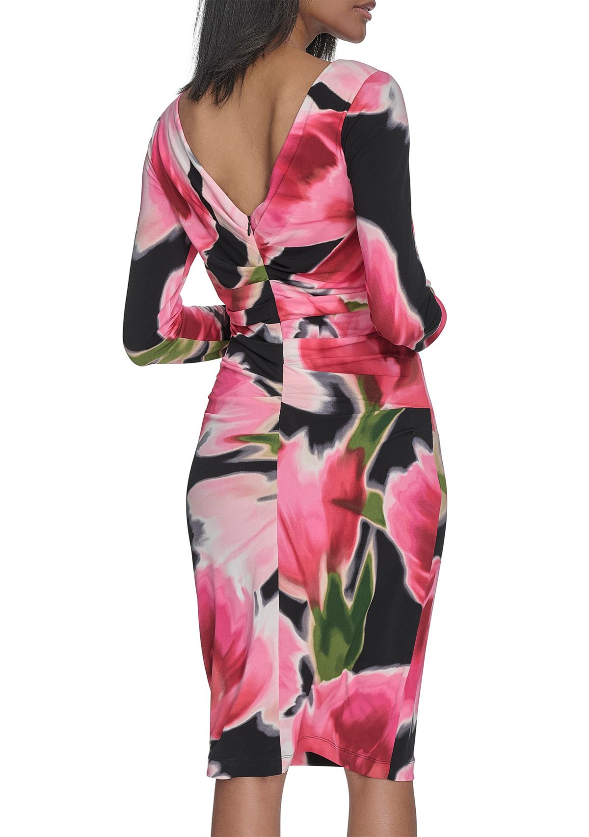 Womens Long Sleeve Crew Neck Floral Print Midi Sheath Dress