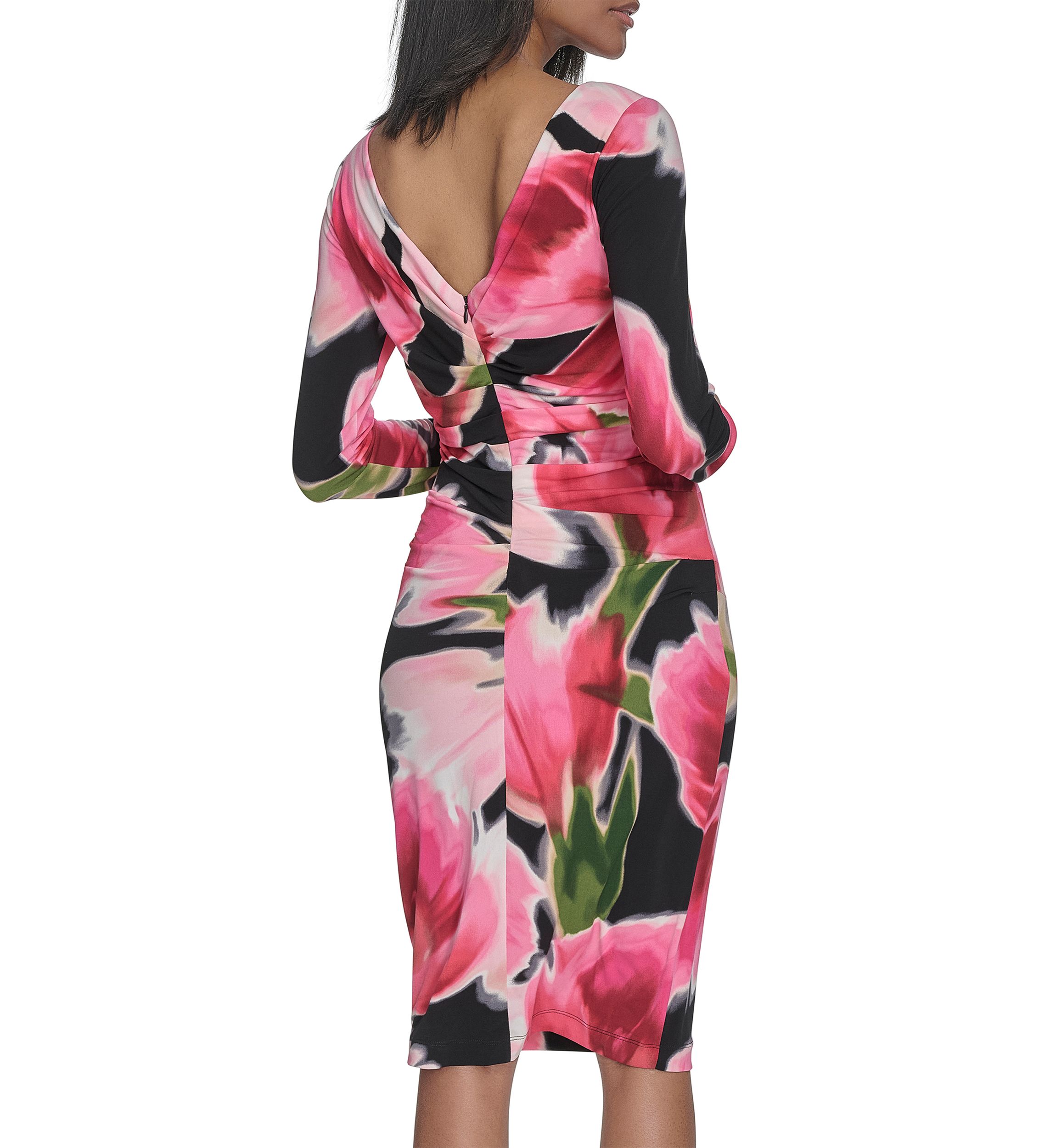 Womens Long Sleeve Crew Neck Floral Print Midi Sheath Dress