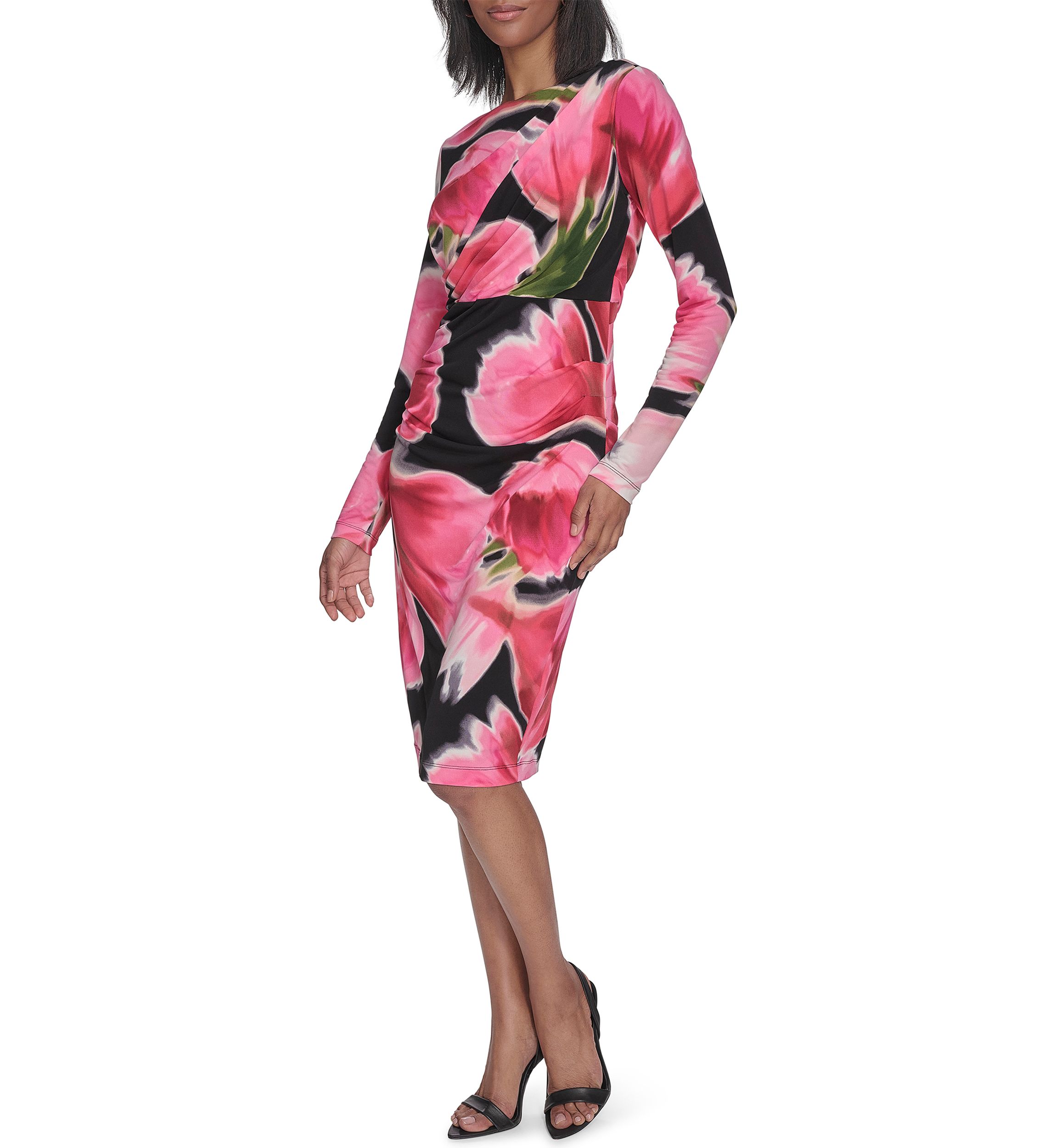 Womens Long Sleeve Crew Neck Floral Print Midi Sheath Dress