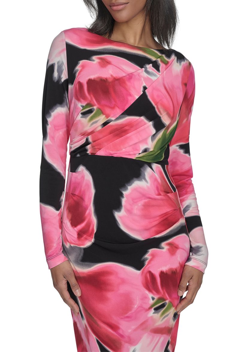 Womens Long Sleeve Crew Neck Floral Print Midi Sheath Dress