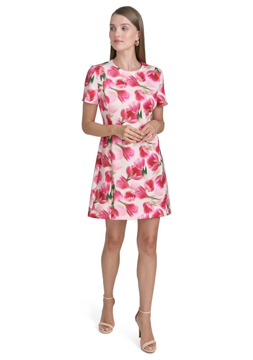 Womens Short Sleeve Crew Neck Floral Print Sheath Dress