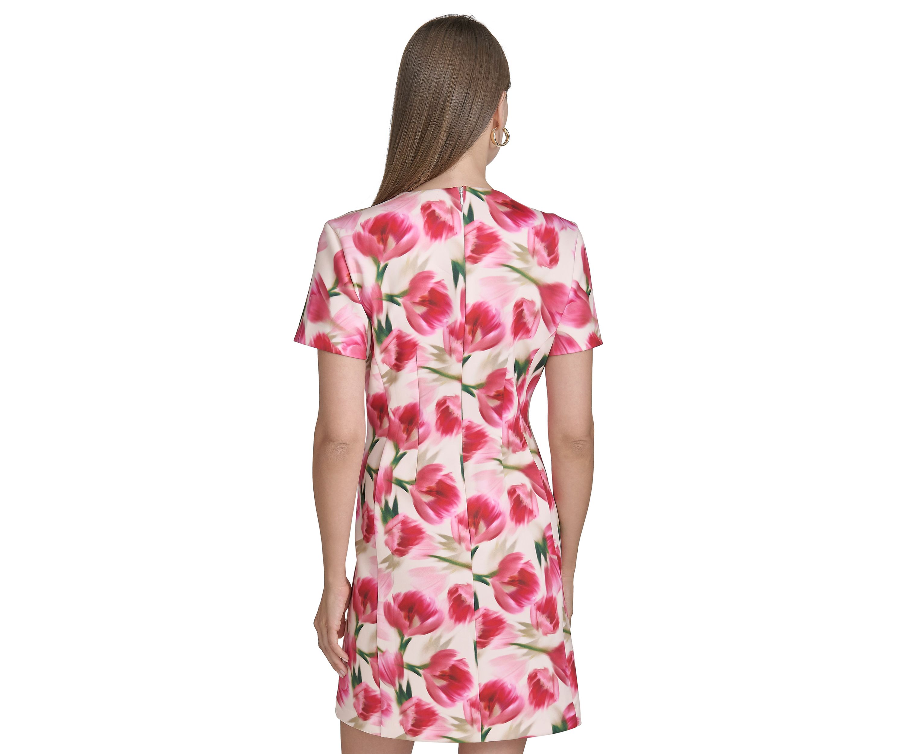 Womens Short Sleeve Crew Neck Floral Print Sheath Dress