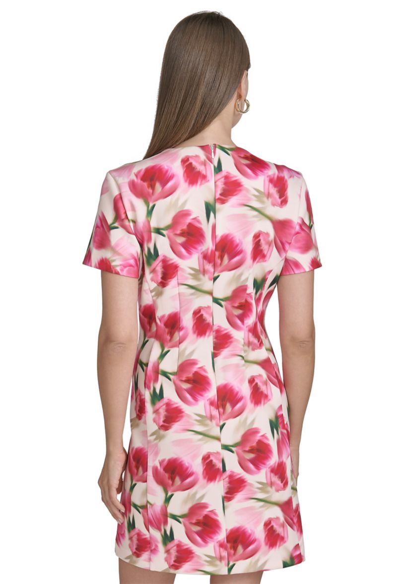 Womens Short Sleeve Crew Neck Floral Print Sheath Dress