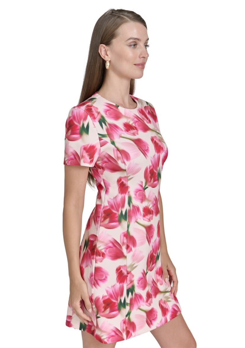 Womens Short Sleeve Crew Neck Floral Print Sheath Dress
