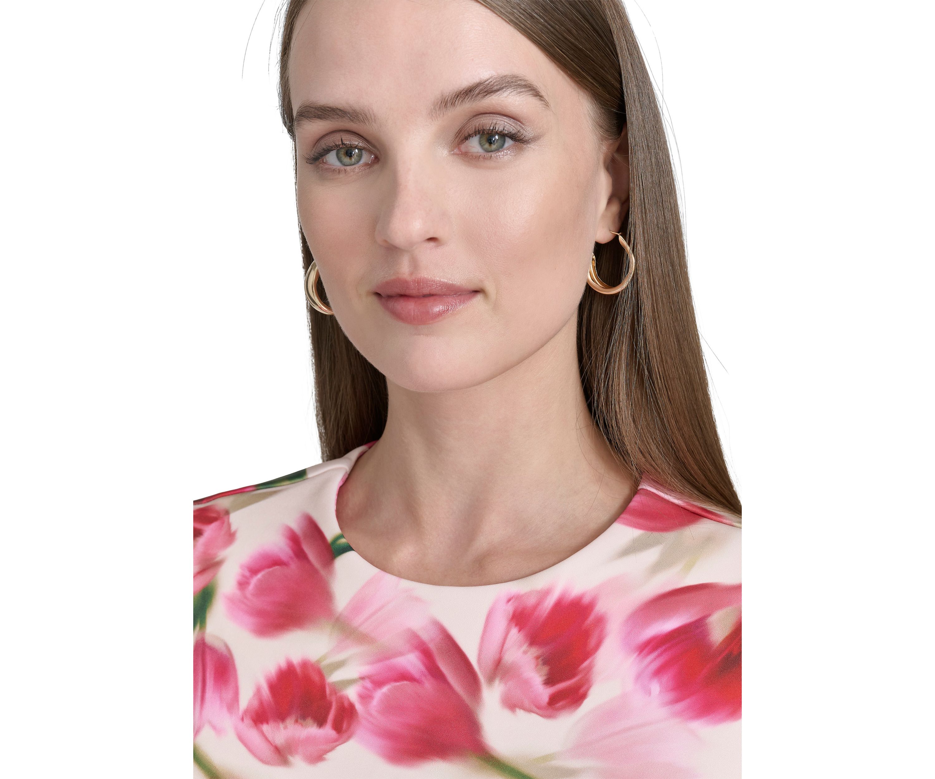 Womens Short Sleeve Crew Neck Floral Print Sheath Dress