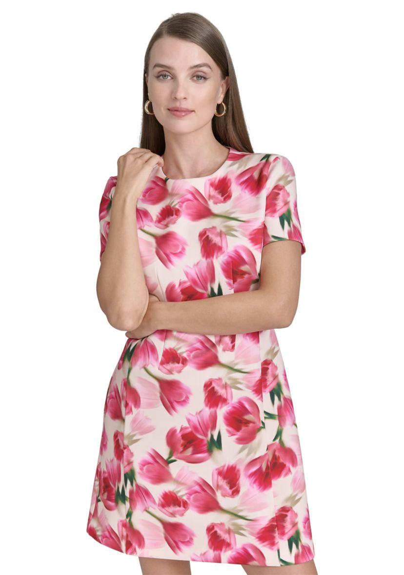 Womens Short Sleeve Crew Neck Floral Print Sheath Dress