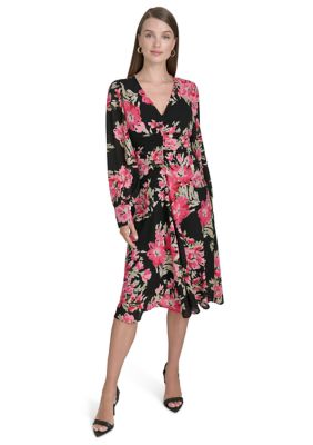 Halston Women's Long Sleeve Mesh V-Neck Floral Print Fit and Flare Dress, 2