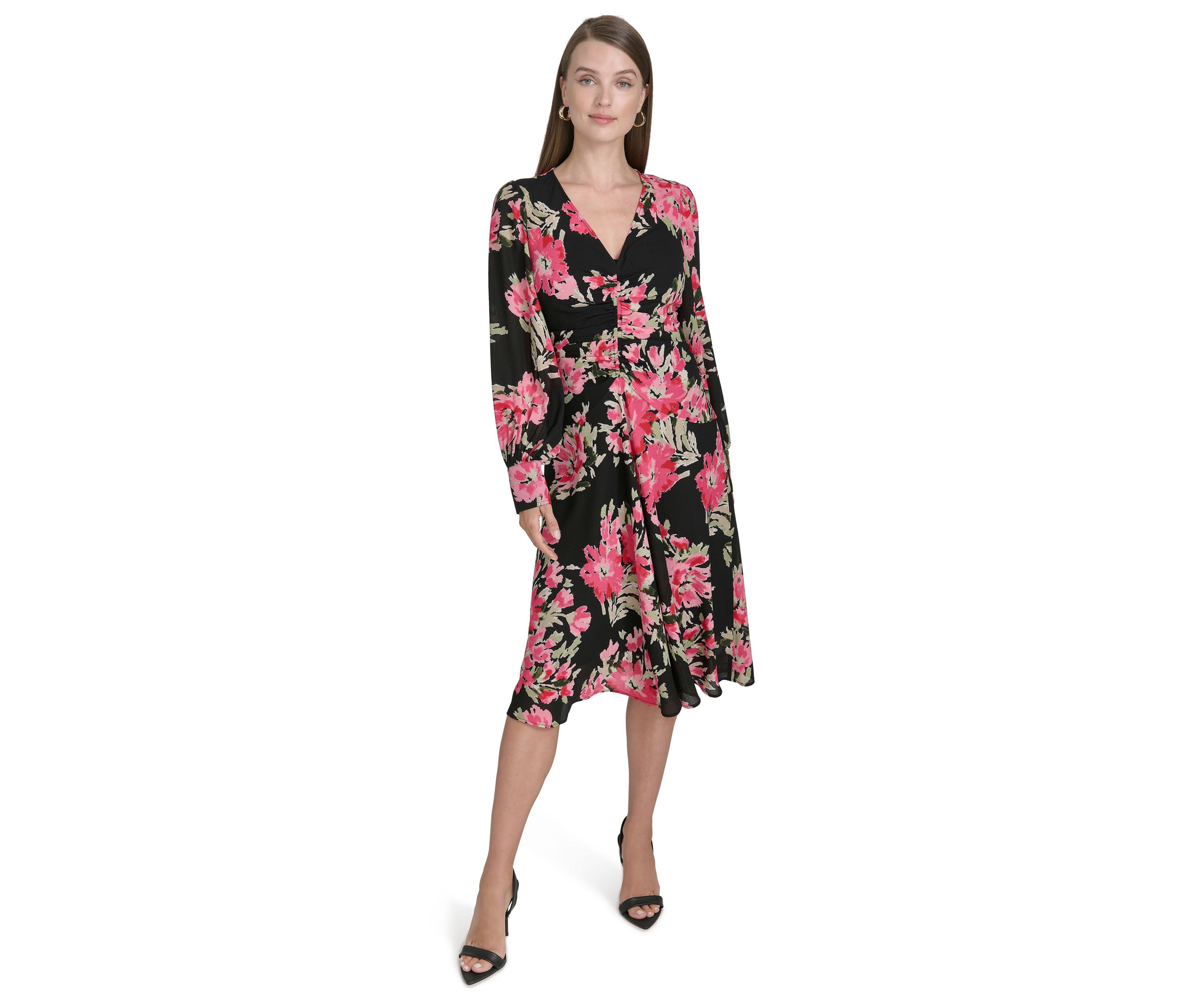 Womens Long Sleeve Mesh V-Neck Floral Print Fit and Flare Dress