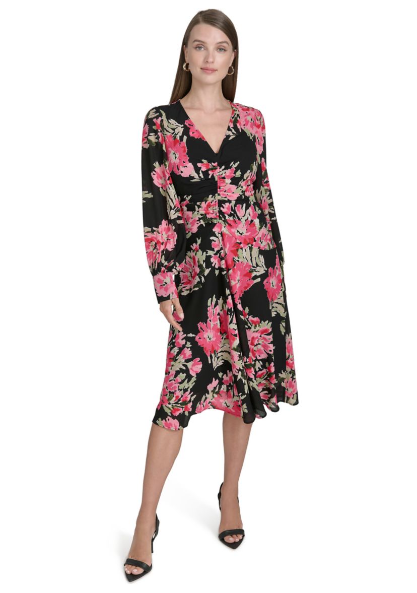 Womens Long Sleeve Mesh V-Neck Floral Print Fit and Flare Dress