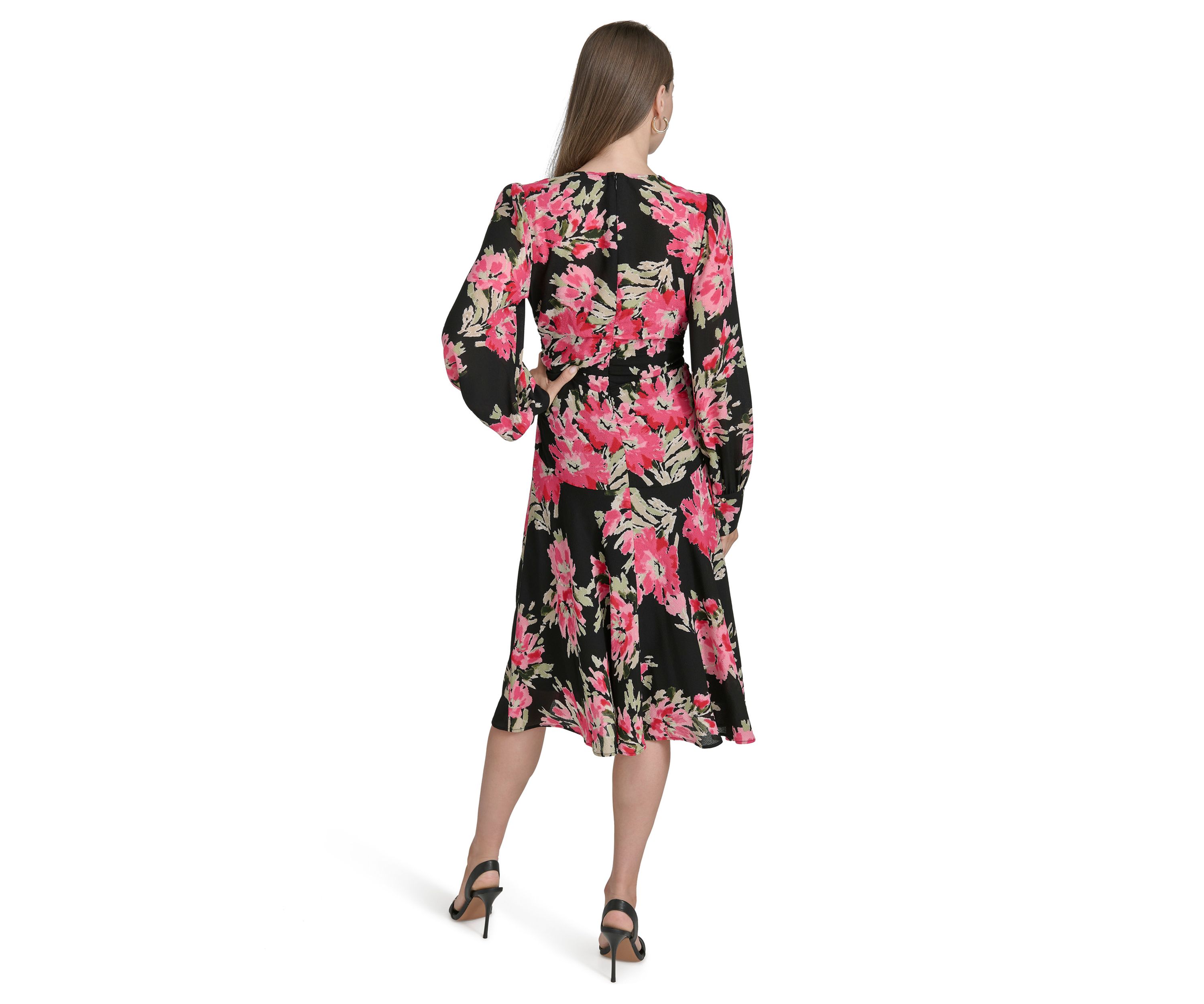 Womens Long Sleeve Mesh V-Neck Floral Print Fit and Flare Dress