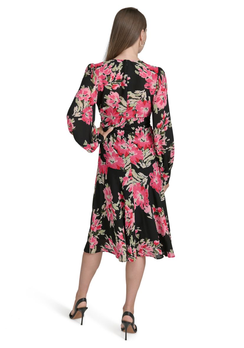 Womens Long Sleeve Mesh V-Neck Floral Print Fit and Flare Dress