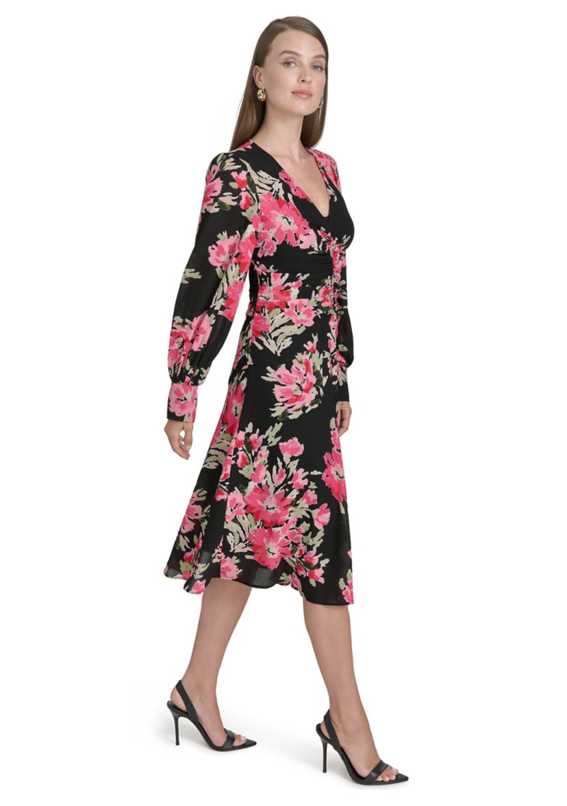 Womens Long Sleeve Mesh V-Neck Floral Print Fit and Flare Dress