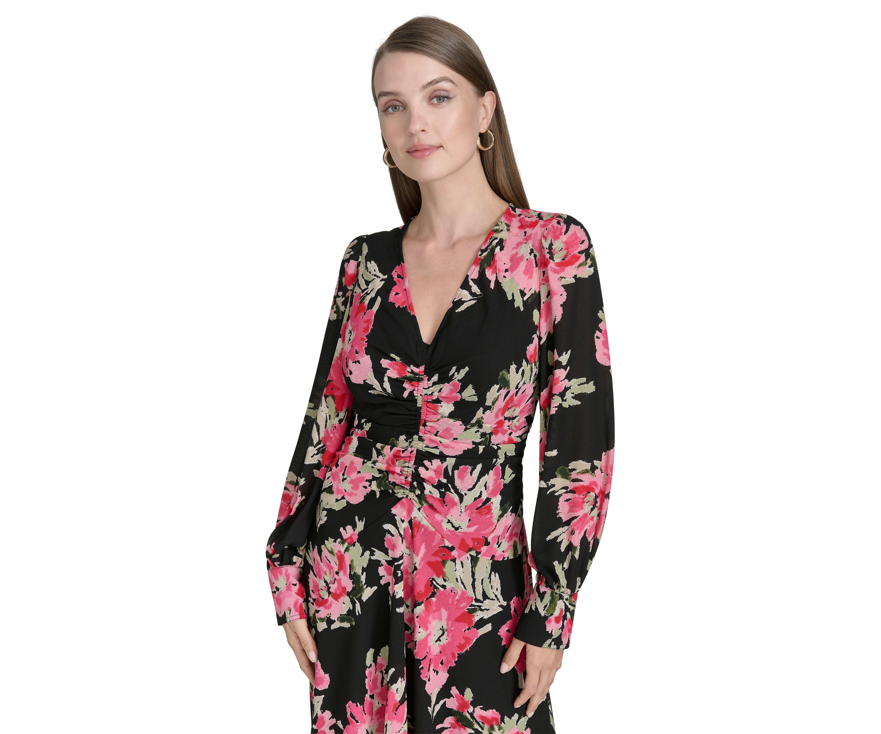 Womens Long Sleeve Mesh V-Neck Floral Print Fit and Flare Dress