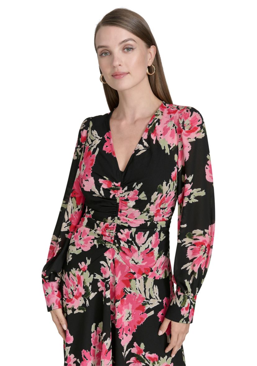 Womens Long Sleeve Mesh V-Neck Floral Print Fit and Flare Dress
