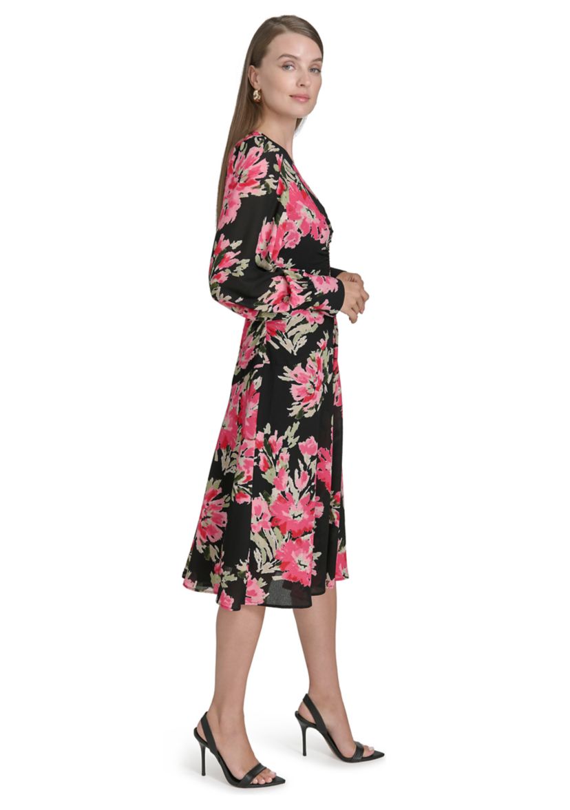Womens Long Sleeve Mesh V-Neck Floral Print Fit and Flare Dress
