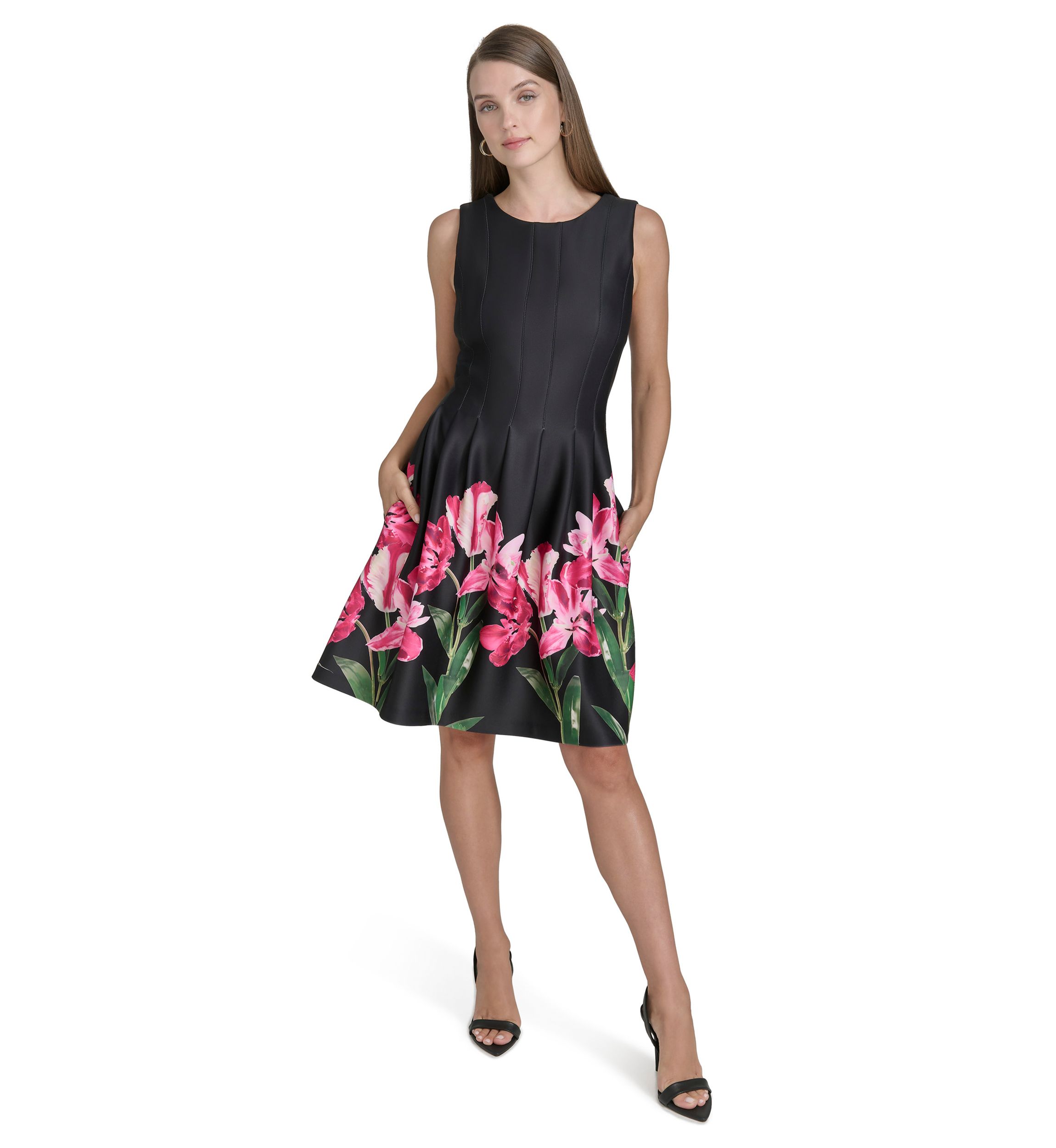 Womens Sleeveless Crew Neck Floral Print A-Line Dress