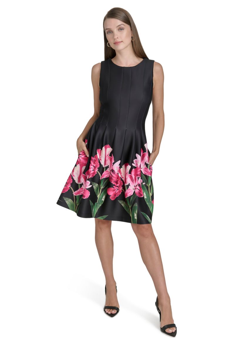 Womens Sleeveless Crew Neck Floral Print A-Line Dress