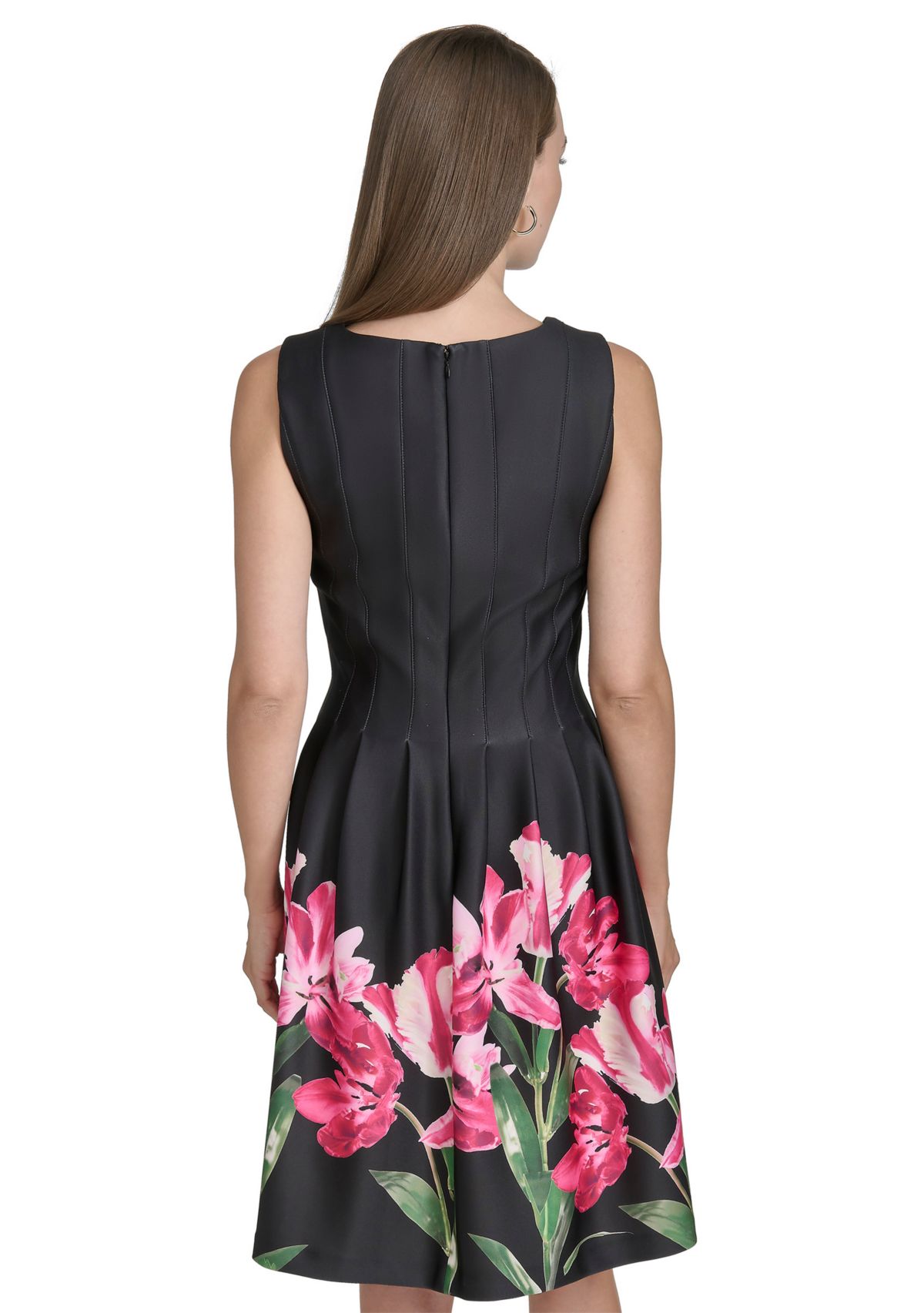Womens Sleeveless Crew Neck Floral Print A-Line Dress