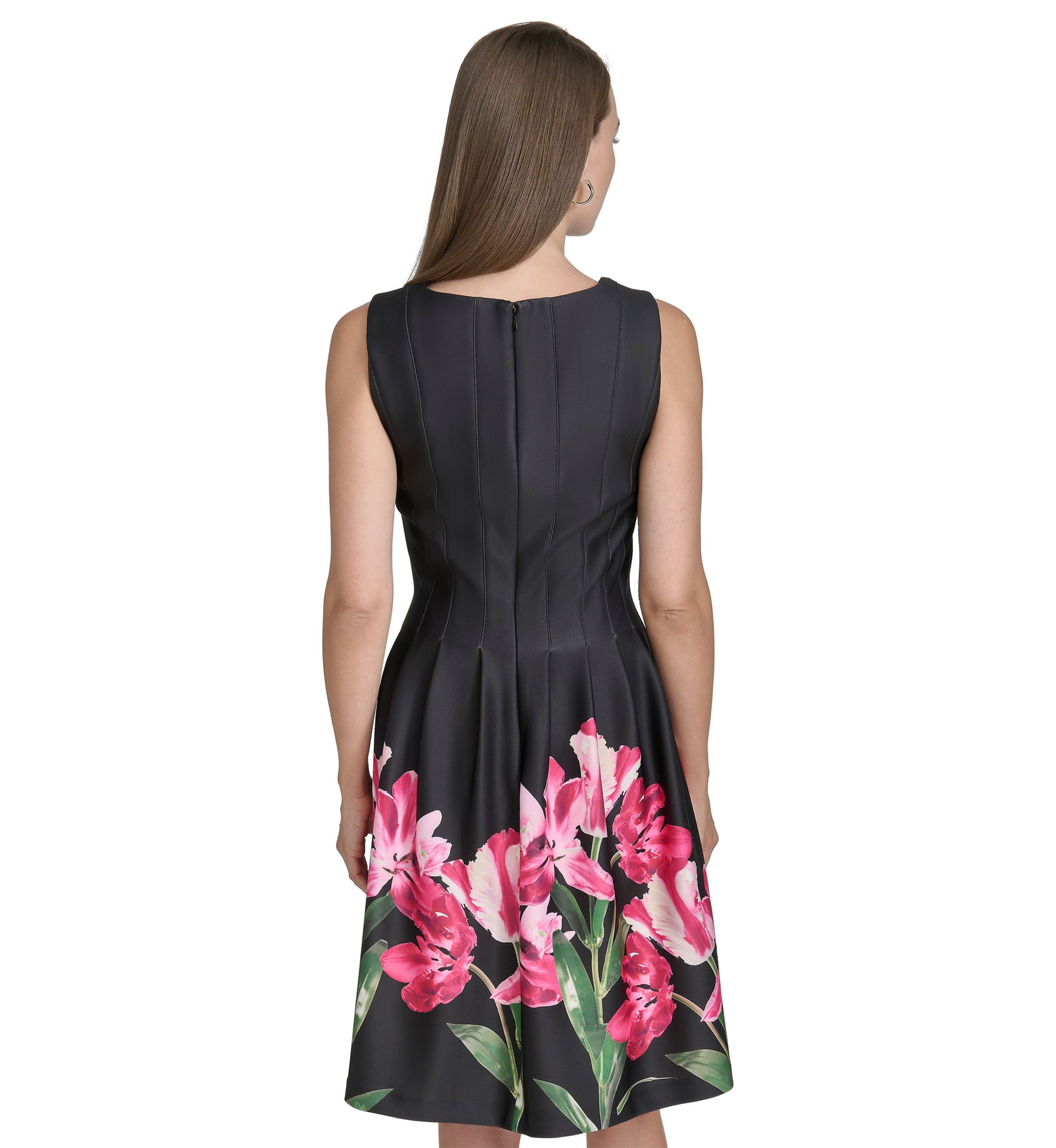 Womens Sleeveless Crew Neck Floral Print A-Line Dress