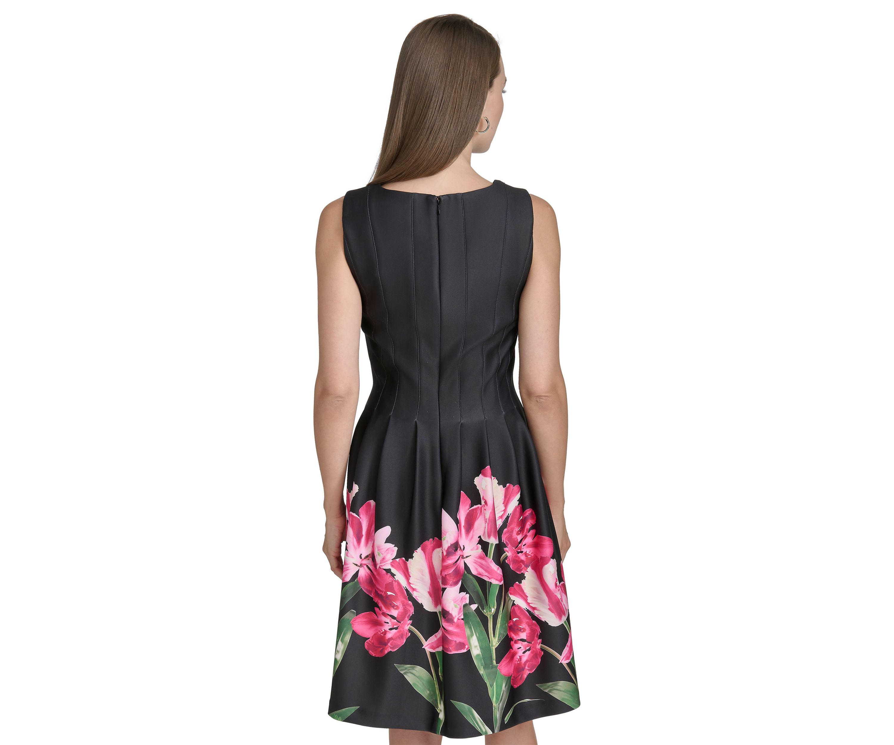 Womens Sleeveless Crew Neck Floral Print A-Line Dress