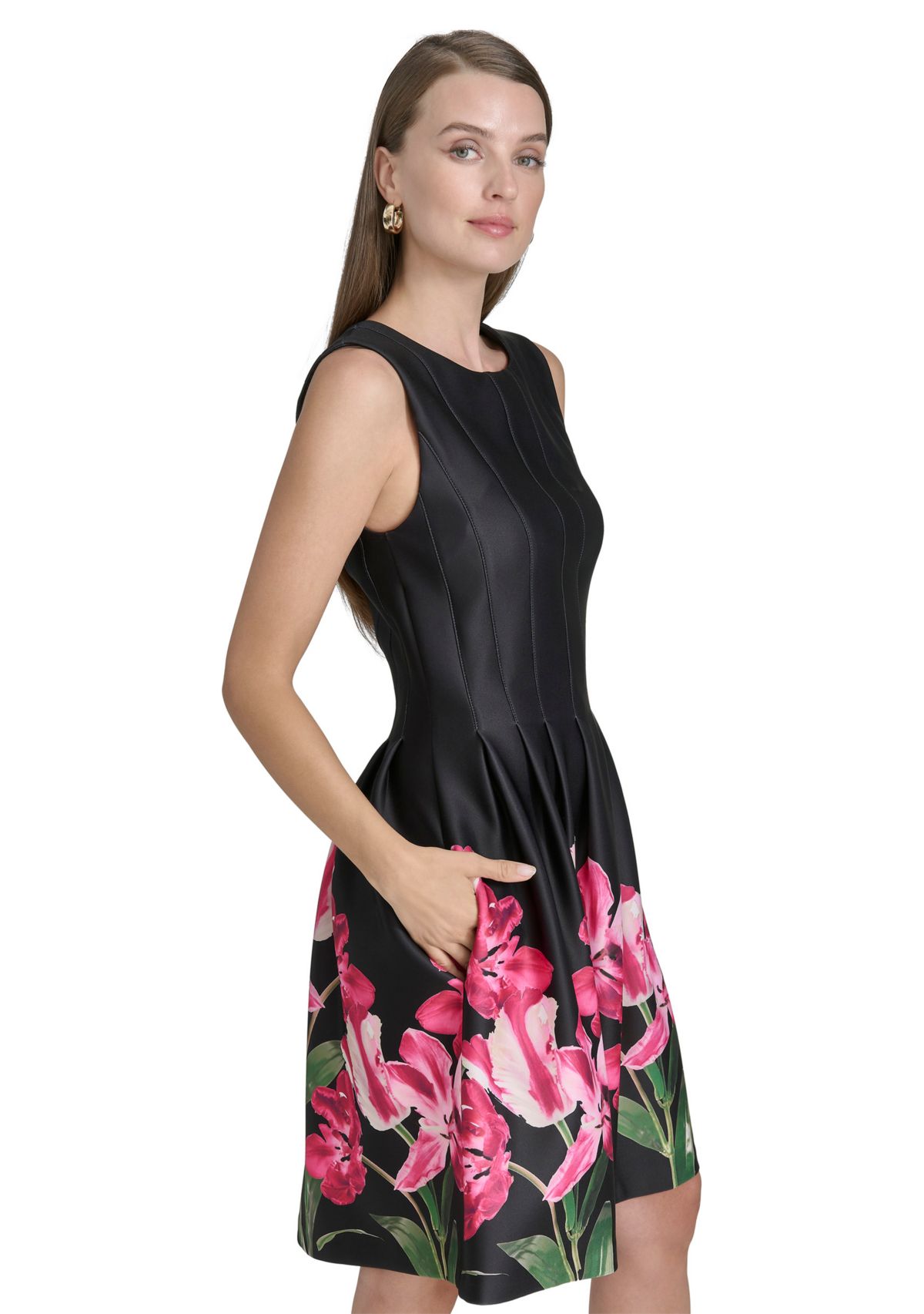 Womens Sleeveless Crew Neck Floral Print A-Line Dress