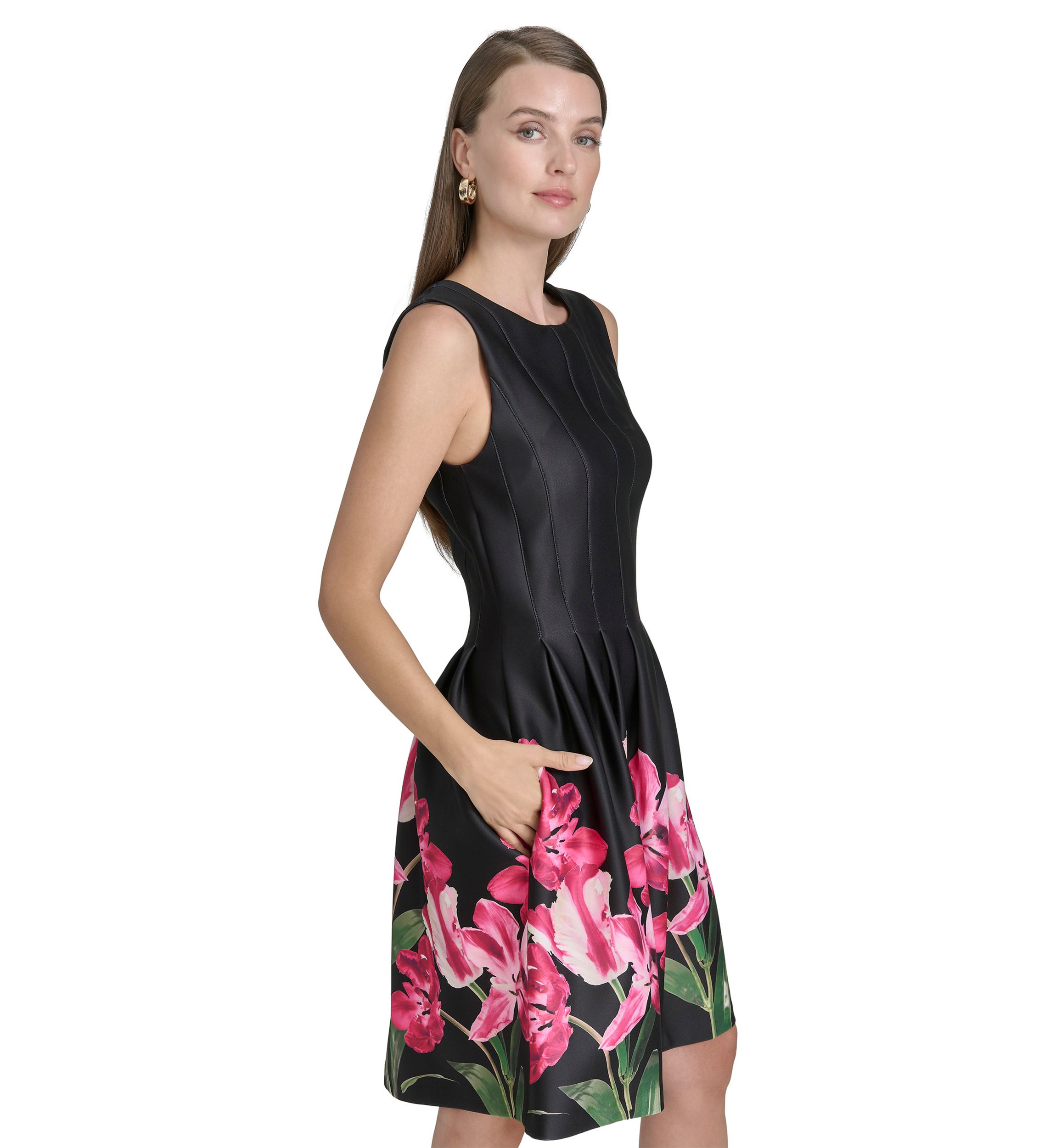 Womens Sleeveless Crew Neck Floral Print A-Line Dress
