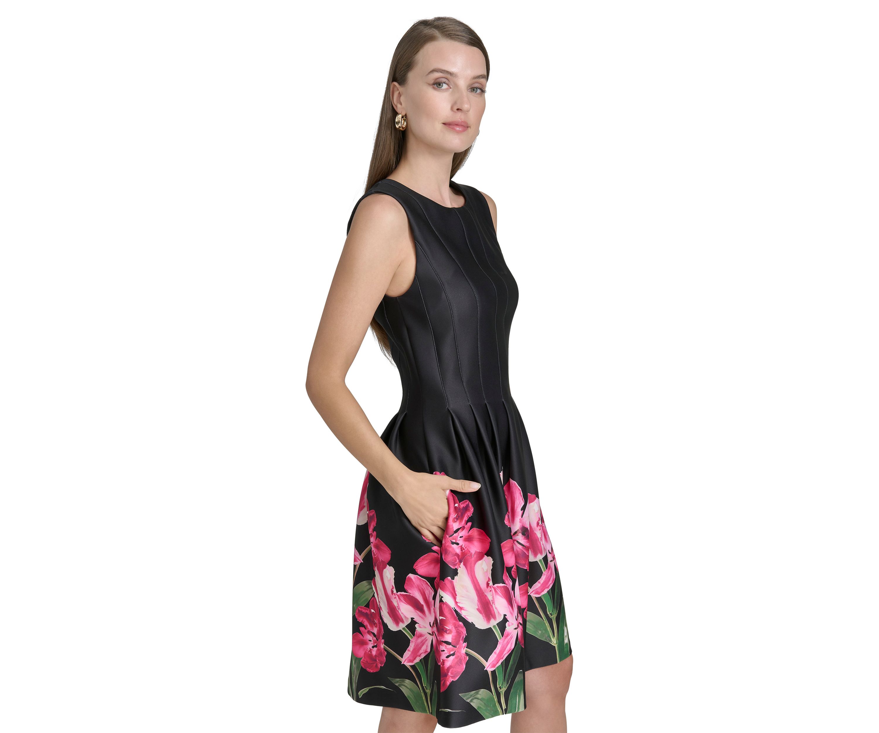 Womens Sleeveless Crew Neck Floral Print A-Line Dress